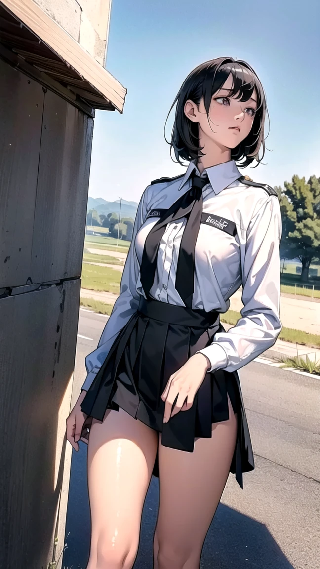 (((masterpiece, Highest quality, High resolution, 超High resolution, Perfect Pixel, Depth of written boundary, 4K, RTTX 10.0))), Beautiful Anime Woman, Beautiful art style, Anime characters, ((Smooth texture, Realistic texture, Anime CG Style)), Exact finger count、Exact number of legs、(Exact number of arms:1.0, Exact number of hands:1.0), (Perfect hands, Perfect Anatomy), Cinematic, Realistic, Extremely detailed CG, Daytime lighting, Perfect lighting, Best Shadow, The best natural light, whole body, Perfectly balanced style, A perfectly balanced body, (Slender body:1.2), whole body, ((bangs, Dark brown hair, Stylish and cute bob cut)), ((A cute woman is standing with her skirt lifted to show her panties:1.3)), (((Female police officer:1.3), uniform, limited cap, uniformのボタン, tie, uniformのジャケット), Leather shoes, Name tag, uniformのパッチ, Police Badge, boots, Epaulettes, uniformのスカート:1.3), ((Sexy and cute panties, (Stylish shiny white satin panties:1.2), Side-tie panties, Small lace panties:1):1.3), (beautiful and very large breasts:1.1), Feeling embarrassed, (blush:1.2), (Embarrassed expression:1.4), (In town, Cityscape:1.5), Angle from the front, chizuru