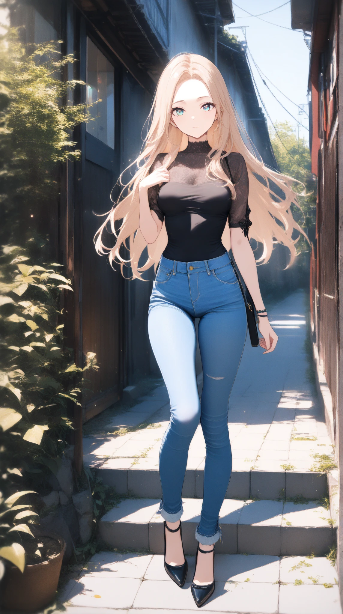 アイスWallenstein, Wallenstein, blonde, Hair between the eyes, hair band, Long Hair, (Yellow Eyes:1.5),happy smile, smile, Shut your mouth.,smile,blush,Oversized blue one-shoulder shirt,Skinny jeans,Stiletto heels,whole bodyがイラストに入るように,Walking,Daytime,Clear skies,　　　　　　　　　　　　　break looking at viewer,whole body,　　　　　　　　　　break outdoors,Building district, 　　　　　　　　　　　break (masterpiece:1.2), Highest quality, High resolution, unity 8k wallpaper, (shape:0.8), (Beautiful and beautiful eyes:1.6), Highly detailed face, Perfect lighting, Extremely detailed CG, (Perfect hands, Perfect Anatomy),