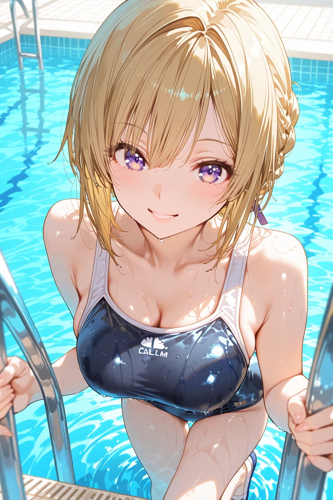 (masterpiece), (highest quality), (figure), (Very detailed), (High resolution), (8k), (Perfect Anatomy), (Anatomically correct), One Girl, Very large breasts, Big Breasts, Twin tails, Drill Hair, (Golden Hair), very cute girl, Short, young, , Young, delicate, Attention to girls, she, smile, 魅力的なsmile, blush, Best moment, Junior and senior high school students, low length, Golden Eyes, Bright Eyes, Vivid eyes, cute, Thighs, Waistline, Being spoiled, Innocent, i love you, Love Viewer, Beautiful Skin, Beautiful body, cute顔, delicate arms, Innocent, Boyfriend's gaze, Vivid eyes, Neat, blush, whole body, Seductive, Detailed skin texture, Intricate details, Very detailedな顔, Beautiful Eyes, Big Eyes, heart, Desire to monopolize, Quote, Beautifully shaped breasts, Looking up, I love you, 魔法少女まどか☆マギカ, Mami Tomoe, Pool, Swimwear, I don't wear a hat,