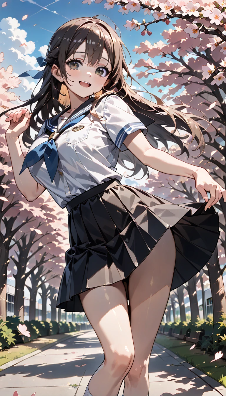 ​(Best quality, 8K, Masterpiece:1.3, 1 girl, solo, Beautiful girl), cute, Dynamism, Detailed face, Detailed skin, detailed clothes, Detailed eyes, Detailed lips, Detailed tongue, Detailed fingers, Detailed mouth, Photorealistic, Raw photo, highres, hight resolution, Natural lighting, dynamic pose, perfect anatomy, toned legs, double eyelids, tear bags, round eyes, moist lips, sweaty, ecstatic face, sailor school uniforms, tie, pleated skirt, black hair, straight hair, blunt bangs, stairs, half closed eyes, masturbation, wet clothes, cherry blossoms, from behind, from below, close mouth smile, wind, toned abdomen