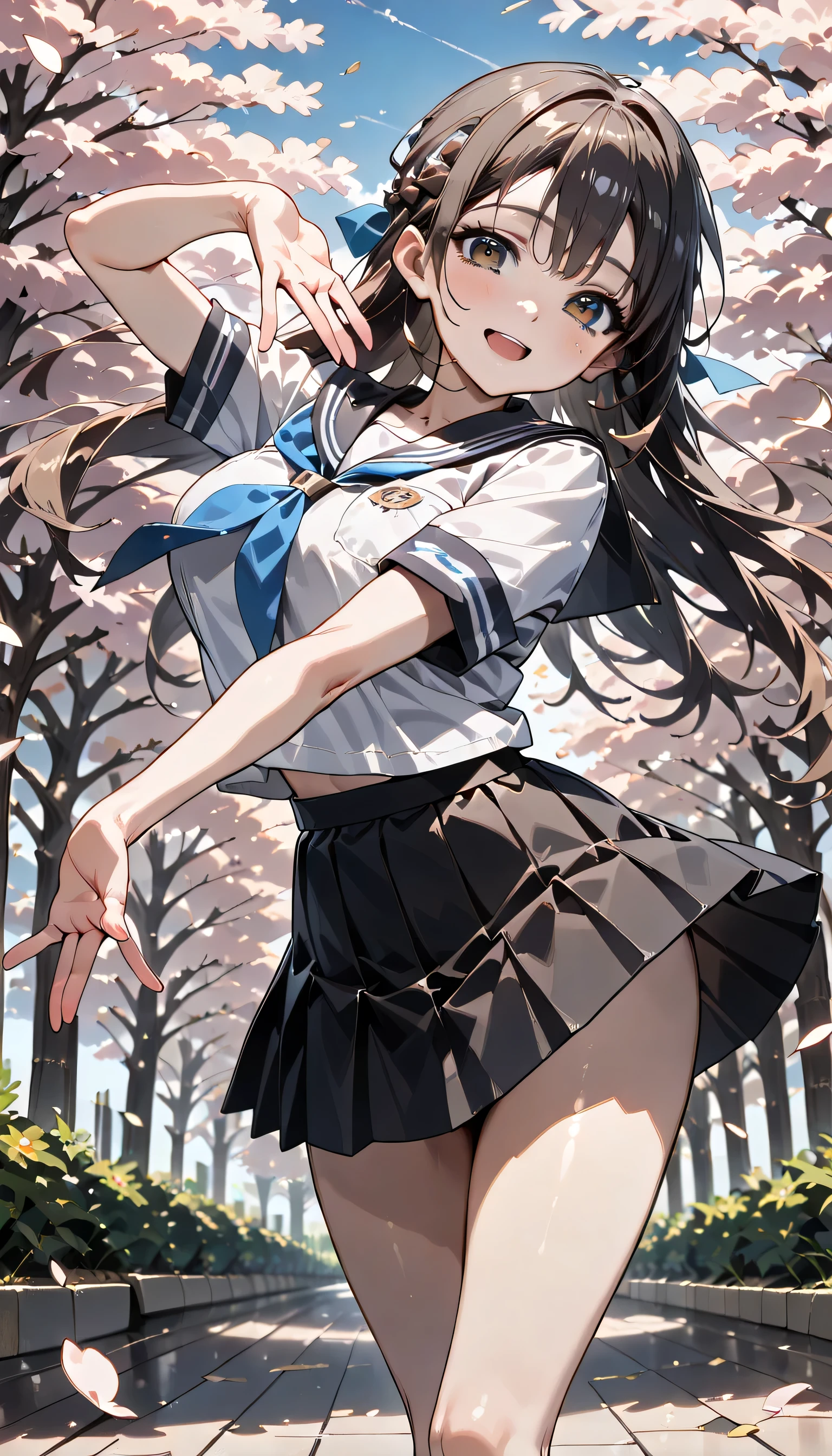 ((ultra-detailed)), (highly detailed CG illustration), (best quality:1.2), ultra-highly detailed, colorful composition, artistic photoshoot, moe anime character, girl, dainty facial structure, (baby face), (round face), ((rounded chin:1.2)), blue eyes, ((black hair color)), ((long hair)), ((half updo)), ((hair ribbon with red)), ((fluttering hair)), ample breasts, school uniform, sailor suit, traditional Japanese style with navy blue and white colors, navy blue pleated skirt, ((happy:1.5)), ((joyful:1.5)), ((laughing:1.4)), ((blush:1.4)), ((cry with joy:1.4)), ((looking viewer)), ((standing along the cherry blossom trees:1.4)), ((cherry blossom petals dancing:1.4)), ((Cherry blossom petals dancing)), from front, dynamic pose&, ((contrapposto pose)), best quality, masterpiece, expecting, pink cheek, blush, light pink gloss slip, portrait, depth of field, soft lighting, sidelighting, (shine), lighting, caustics, ray tracing, smile, perfect face, lustrous skin, highly detailed face, highly detailed eyes, perfect face, perfect nose, perfect hair, perfect eyes, perfect anatomy, beautiful hair, beautiful small face, extremely detailed face, beautiful detailed eyes, beautiful clavicle, beautiful body, beautiful huge breasts, leavage, breasts squeezed together, equalize the size of the left and right breasts, beautiful thin thighs, beautiful legs, beautiful fingers, 4 fingers, 1 thumb, lovely, (very detailed background:1.0), (highly detailed background:1.0), spring aesthetic, intricate details, joyful atmosphere, spring colors palette, chromatic aberration