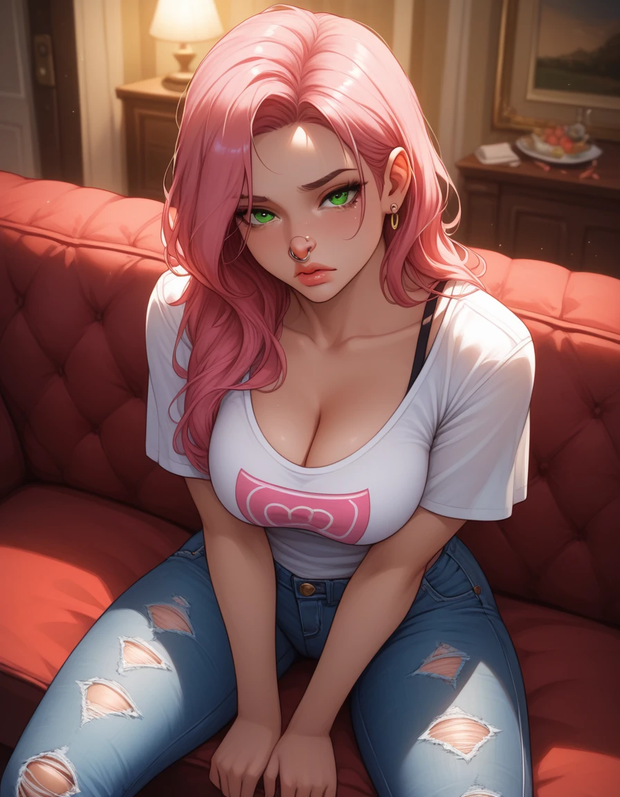 masterpiece, best quality, <lora:whitney-nvwls-v1-000009:1> defwhitney, hair ornament, white shirt, buttons, short sleeves, blue shorts, wristband, pink eyes, large breasts, sitting, chair, looking at viewer, simple background, pink eyes