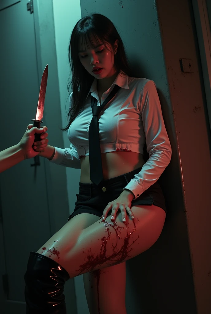 korean girl, (behind corpse, surgical mask), holding knife, stabbing, black leather gloves, room full of blood, black trench coat, bucket hat, holding knife, black gloves, behind corpse, blood splatter, very long hair, night, mass murderer, robbery, in the hotel,