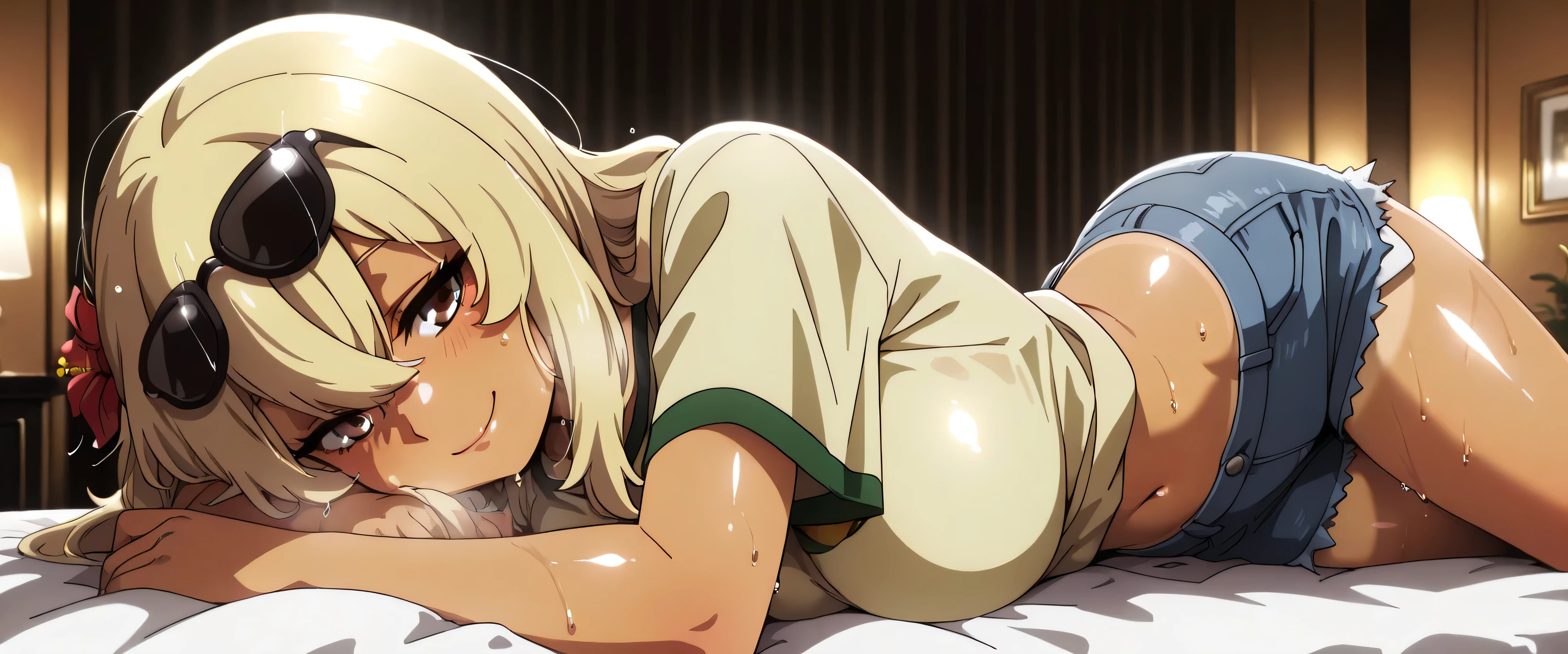 masterpiece, best quality, girl, beautiful face, clean skin, shiny hair, shiny skin, beautiful face, perfect eyes high quality shine, best quality, very aesthetic, absurd, perfect body quality, beautiful curves, perfect, zzKanaHiga, 1 girl, solo, brown eyes, long hair, bangs, blonde hair, hair between eyes, dark skin, dark skinned woman, large breasts, luxury hotel, sunglasses on head, flower in hair, yellow shirt, Brazilian flag on shirt, denim shorts, short shorts, tanned, 1 girl, in the realistic room, lying on the bed, looking naughty smile, sweaty body