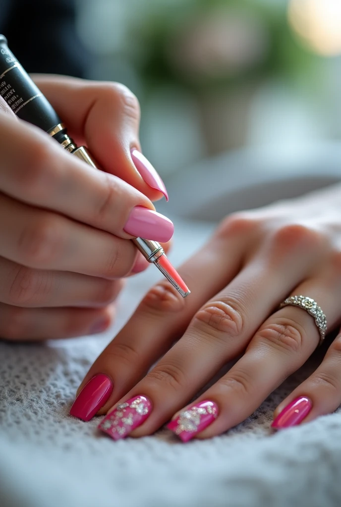 A realistic promotional image for a flyer advertising an online manicure and pedicure course. The image should show a close-up of well-groomed hands., with beautifully polished nails, showing a variety of nail art styles and colors. Ao fundo, subtle visuals of manicure tools should appear, like nail polish, nail polish bottles and brushes, arranged in an orderly fashion on a table. The text &#39;Online Manicure and Pedicure Course&#39; should be displayed prominently at the top or center of the image., in an elegant and attractive font. The color scheme should be vibrant and inviting., using shades of pink, purple and white to create a modern and professional look. The overall design should convey a feeling of freshness, cleanliness and appeal, making it attractive to potential students.

