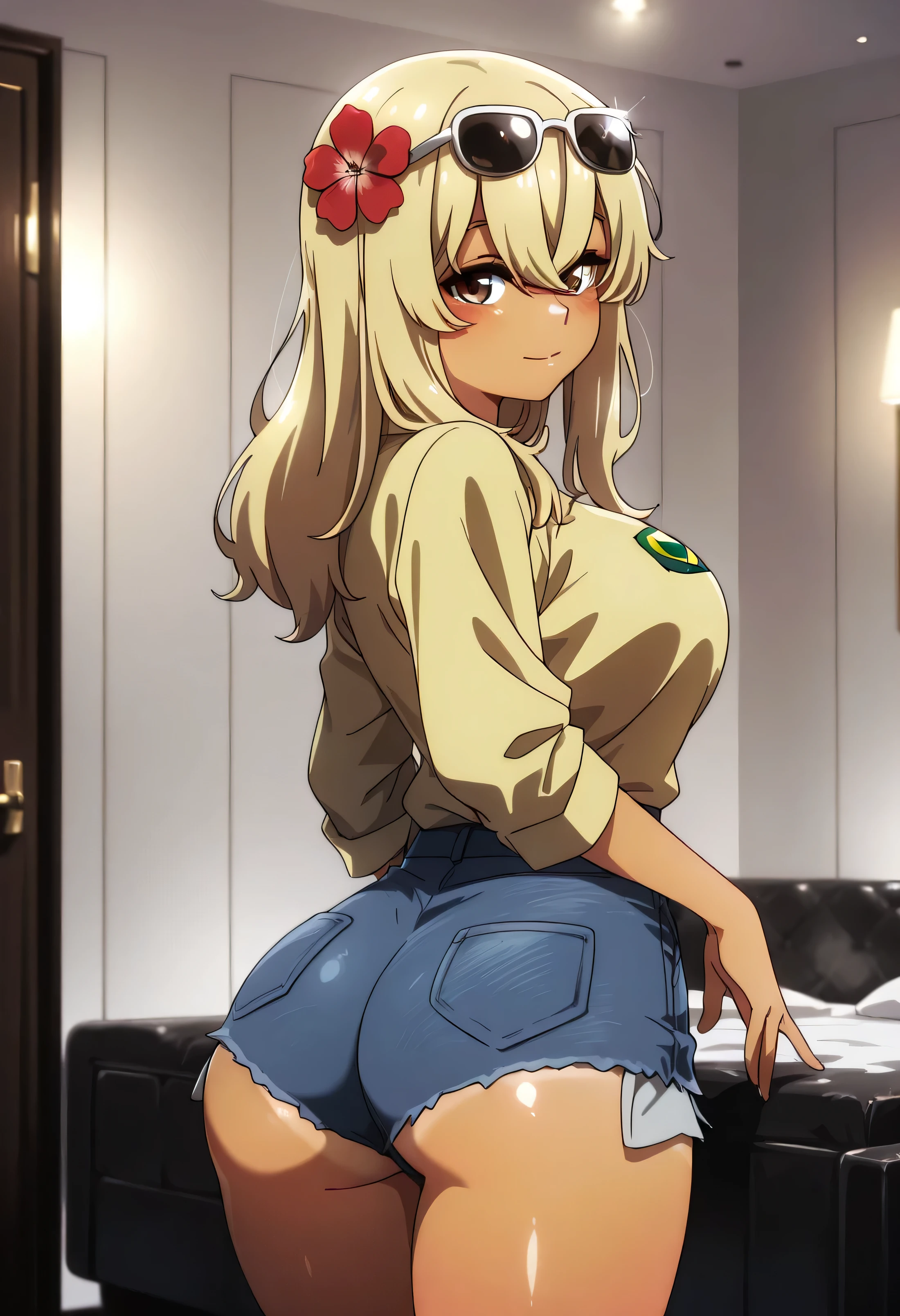 masterpiece, best quality, girl, beautiful face, clean skin, shiny hair, shiny skin, beautiful face, perfect eyes high quality shine, best quality, very aesthetic, absurd, perfect body quality, beautiful curves, perfect, zzKanaHiga, 1 girl, solo, brown eyes, long hair, bangs, blonde hair, hair between eyes, dark skin, dark skinned woman, large breasts, luxury hotel, sunglasses on head, flower in hair, yellow shirt, Brazilian flag on shirt, denim shorts, short shorts, tanned, 1 girl, showing big ass from behind view