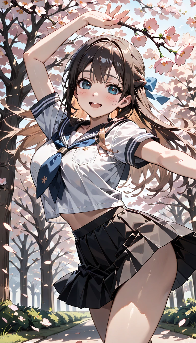 (Very beautiful face and eyes:1.2),(Laugh together),((Big Breasts))、Skirt fluttering in the wind、Fresh Skin、Beautiful legs,Sailor suit、,Redhead、Yellow headband、Panties、garter belt、Double teeth、Stick your butt out
(Highest quality,masterpiece:1.2),1 girl,Looking at the audience,
Natural light,Hair blowing in the wind,Beautifully detailed skies,