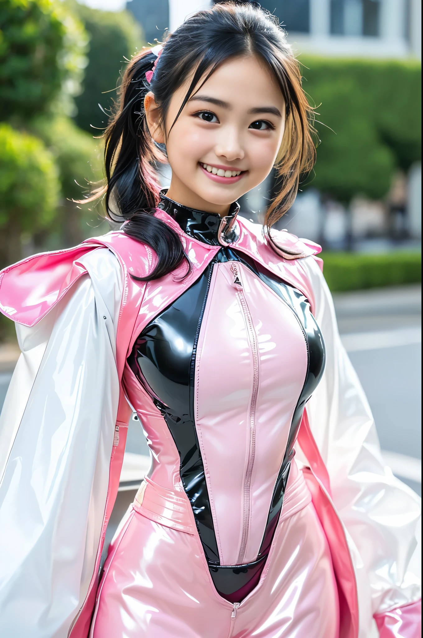 ((Pink Ranger, Same as V1)), One girl, Beautiful 20 year old Japanese woman, Angelic, Cute Face,
Beautiful fine details, 
(Big eyes:1.3),Long eyelashes,
See-through bangs,
(Beautiful and exquisite face and eyes:1.4), 
Beautiful short black hair, Beautiful smile,
(highest quality:1.2),
RAW Photos, 
High resolution, 
Perfect detail, 
Professional photography, 
Professional Lighting, (Metallic Coral Magenta and White Hero Suit:1.3), Ultra tight fitting bodysuit, belt, Huge breasts, Beautiful feet, Strong lighting in bodysuit,at the park, Sexy appearance:1.2, Half Body Portrait