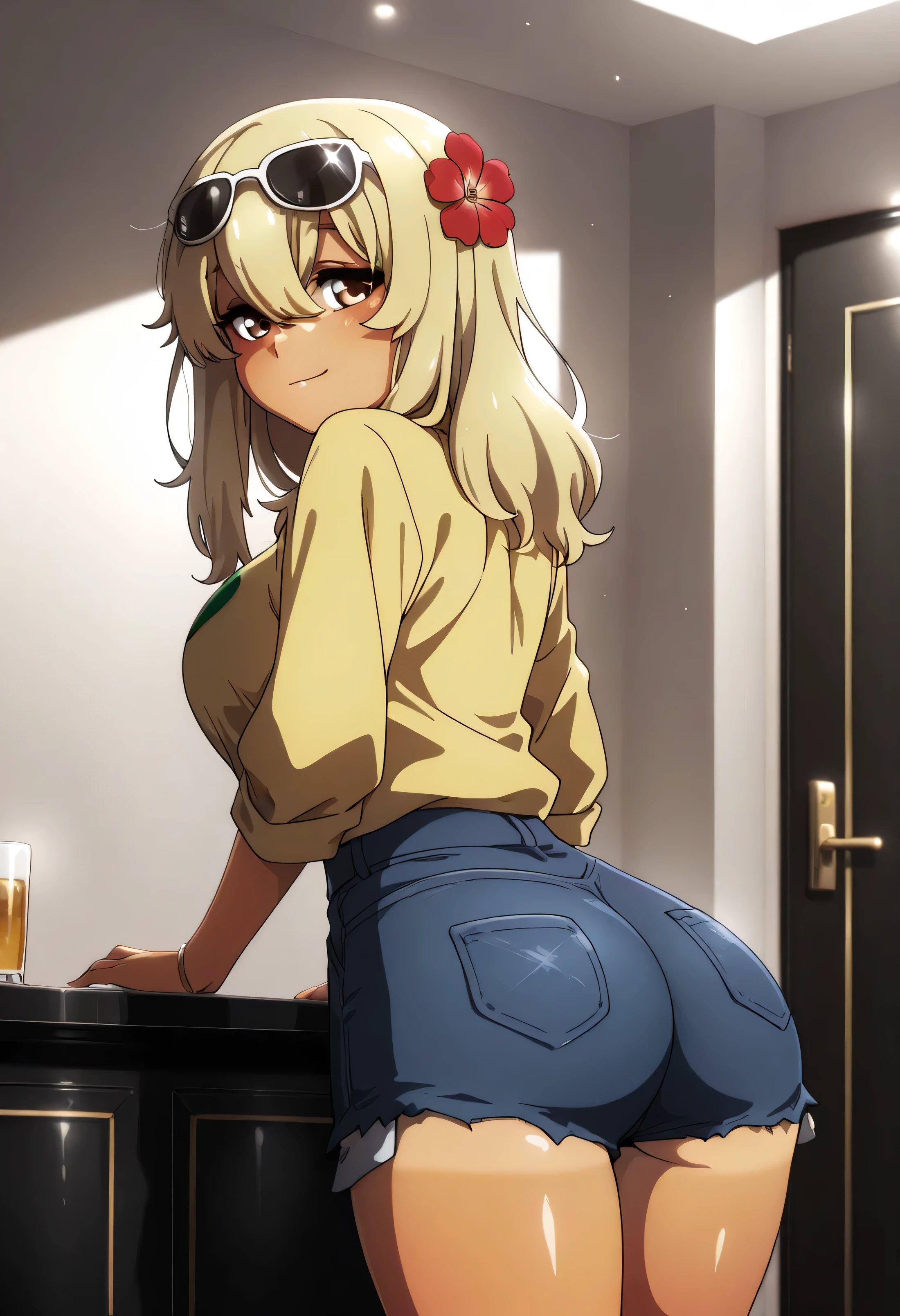 masterpiece, best quality, girl, beautiful face, clean skin, shiny hair, shiny skin, beautiful face, perfect eyes high quality shine, best quality, very aesthetic, absurd, perfect body quality, beautiful curves, perfect, zzKanaHiga, 1 girl, solo, brown eyes, long hair, bangs, blonde hair, hair between eyes, dark skin, dark skinned woman, large breasts, luxury hotel, sunglasses on head, flower in hair, yellow shirt, Brazilian flag on shirt, denim shorts, short shorts, tanned, 1 girl, showing big ass from behind view