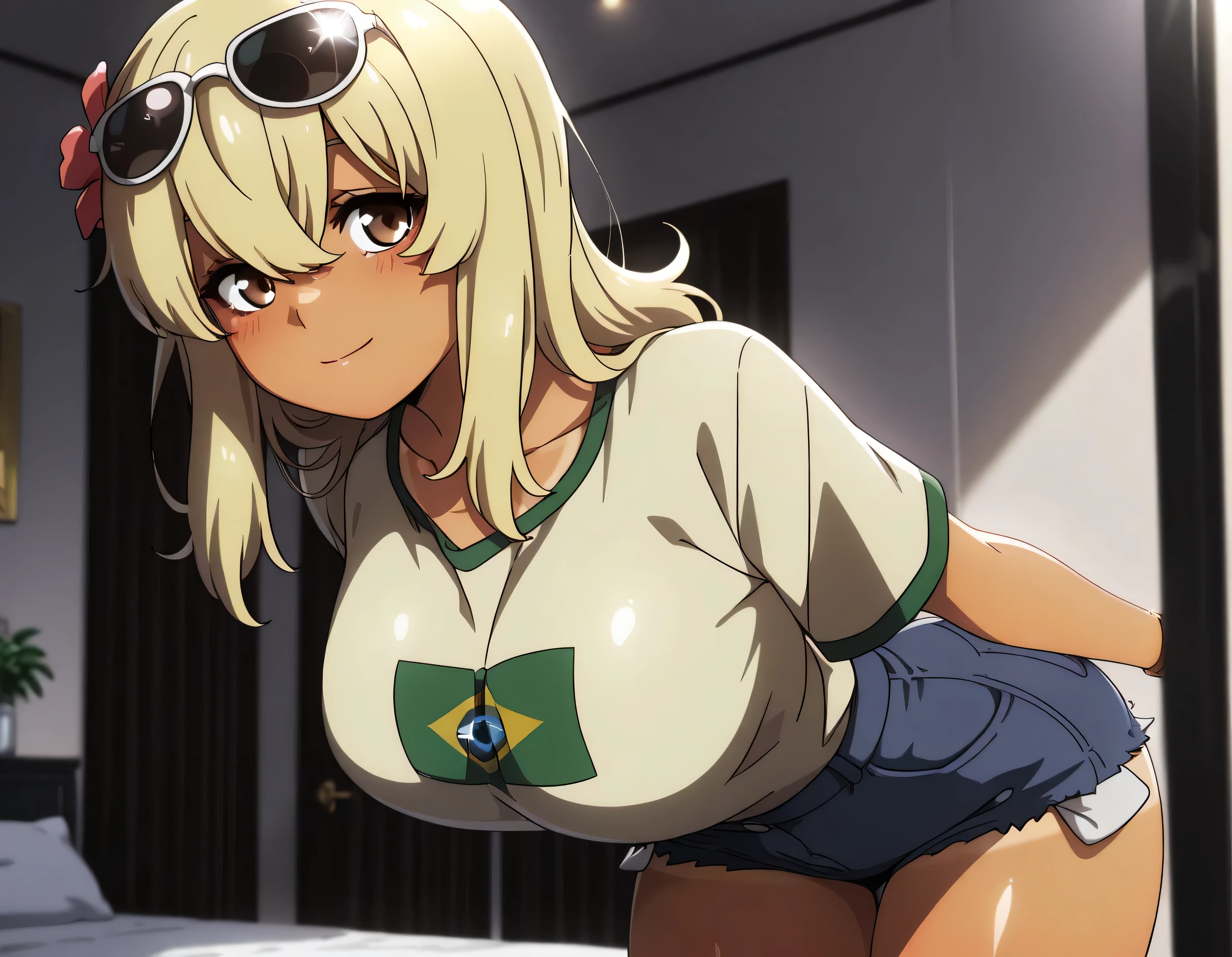masterpiece, best quality, girl, beautiful face, clean skin, shiny hair, shiny skin, beautiful face, perfect eyes high quality shine, best quality, very aesthetic, absurd, perfect body quality, beautiful curves, perfect, zzKanaHiga, 1 girl, solo, brown eyes, long hair, bangs, blonde hair, hair between eyes, dark skin, dark skinned woman, large breasts, luxury hotel, sunglasses on head, flower in hair, yellow shirt, Brazilian flag on shirt, denim shorts, short shorts, tanned, 1 girl, showing big ass from behind view