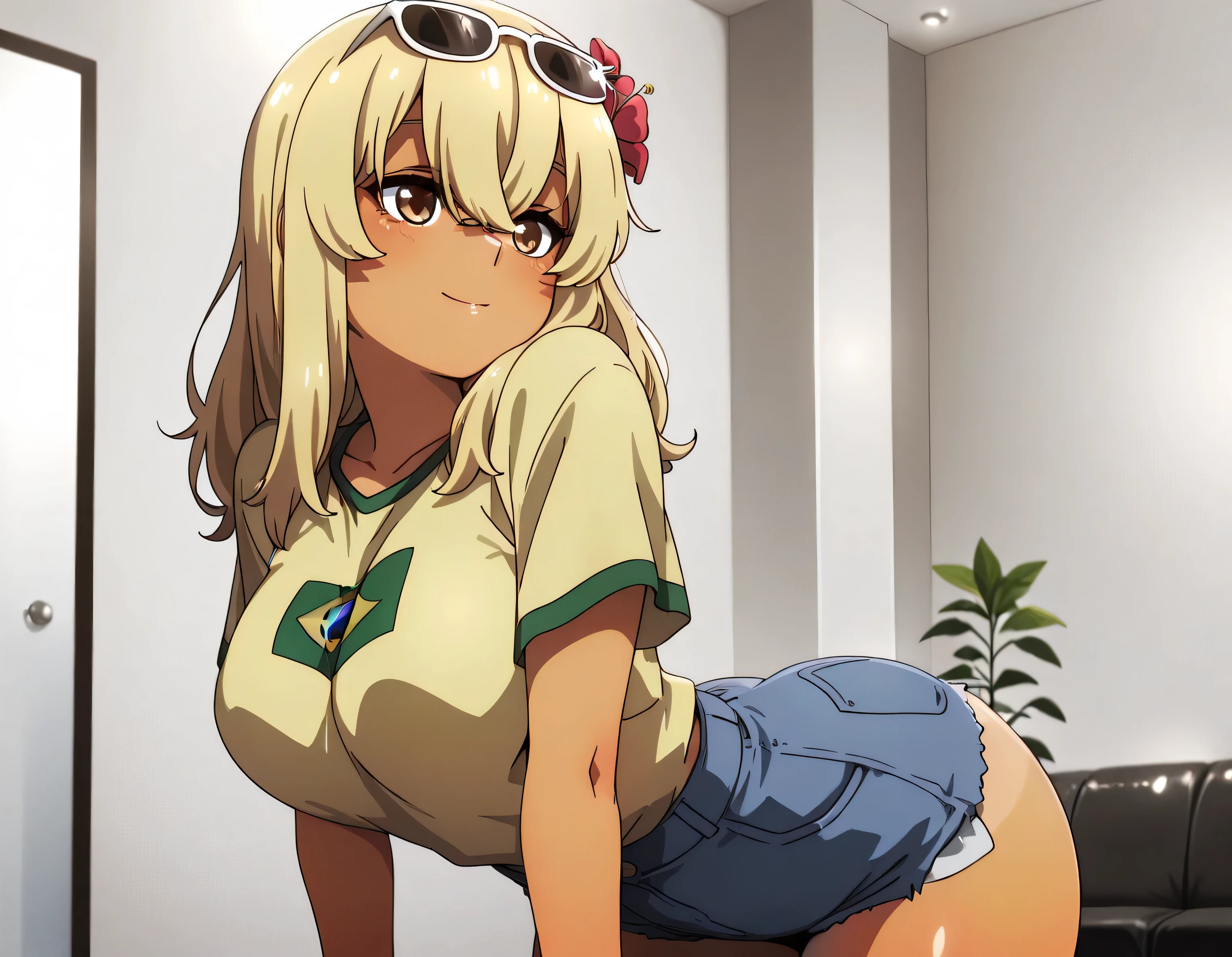 masterpiece, best quality, girl, beautiful face, clean skin, shiny hair, shiny skin, beautiful face, perfect eyes high quality shine, best quality, very aesthetic, absurd, perfect body quality, beautiful curves, perfect, zzKanaHiga, 1 girl, solo, brown eyes, long hair, bangs, blonde hair, hair between eyes, dark skin, dark skinned woman, large breasts, luxury hotel, sunglasses on head, flower in hair, yellow shirt, Brazilian flag on shirt, denim shorts, short shorts, tanned, 1 girl, showing big ass from behind view