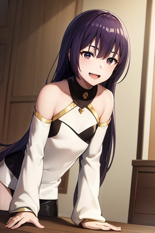 ((best quality)), ((masterpiece)), (be familiar with), completely complete, indoor, bedroom, watching viewers,
One woman, TIANIN FOREVER,
open mouth, ecstatic expression, cover, smile,
 small , flat chest, Young girl,  lori,  , girl,
long hair, long hair,
 open,