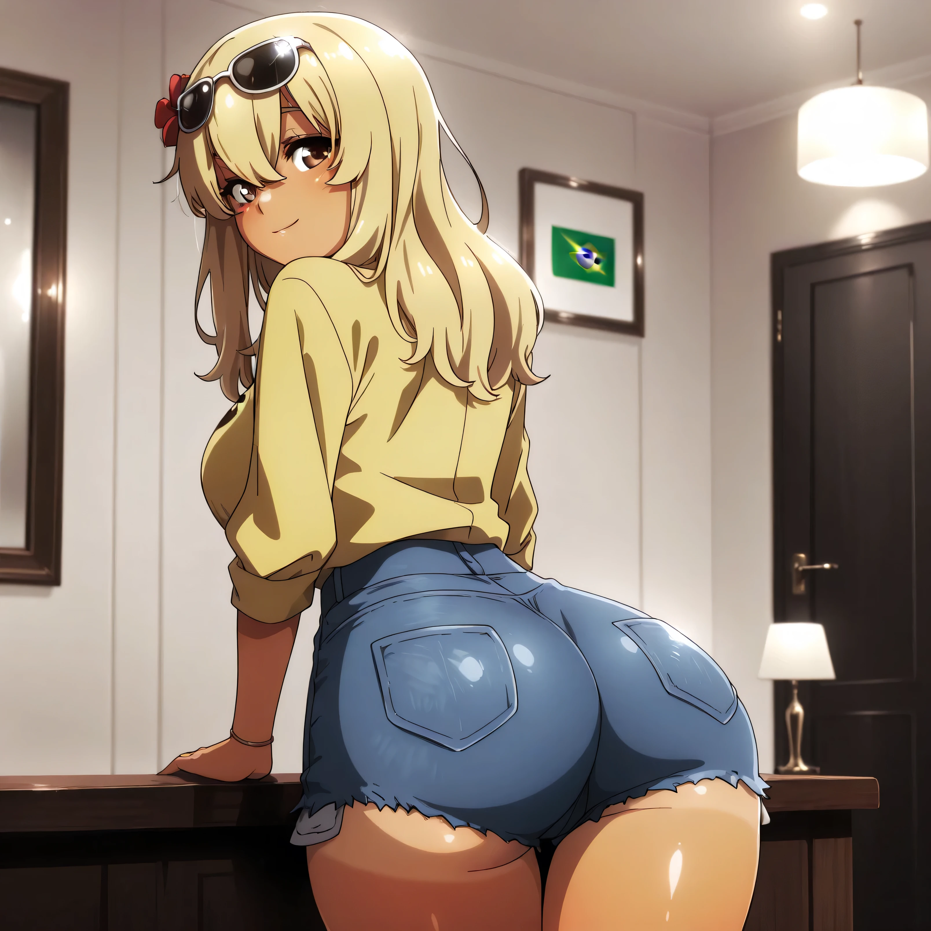 masterpiece, best quality, girl, beautiful face, clean skin, shiny hair, shiny skin, beautiful face, perfect eyes high quality shine, best quality, very aesthetic, absurd, perfect body quality, beautiful curves, perfect, zzKanaHiga, 1 girl, solo, brown eyes, long hair, bangs, blonde hair, hair between eyes, dark skin, dark skinned woman, large breasts, luxury hotel, sunglasses on head, flower in hair, yellow shirt, Brazilian flag on shirt, denim shorts, short shorts, tanned, 1 girl, showing big ass from behind view