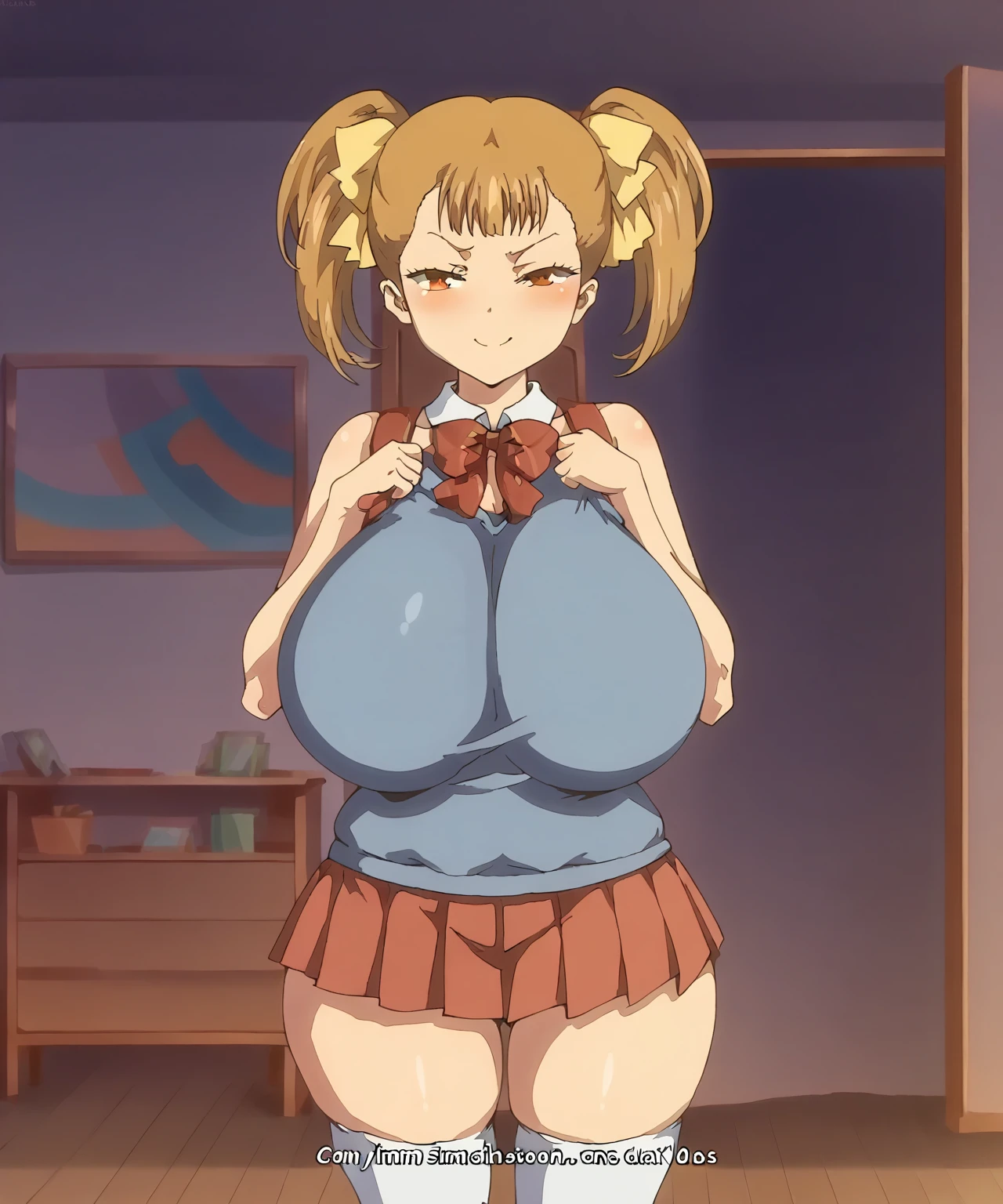(Perfect b○dy),highest quality,(8K P○rtrait),(official art)、(NSFW)、Anime Screen Capture、(obesity)、embarrassed fr○m、1 girl,((((:d))))、((bullish look、hands on hips))、(blush),(Sweat),(((huge breasts)))、(thick thighs)、(big ass)、((Bl○nde head hair))、(((Drill perm)))、white shirt、(red ribbon)、(red f suits、white leotard)、(blue eyes)、City