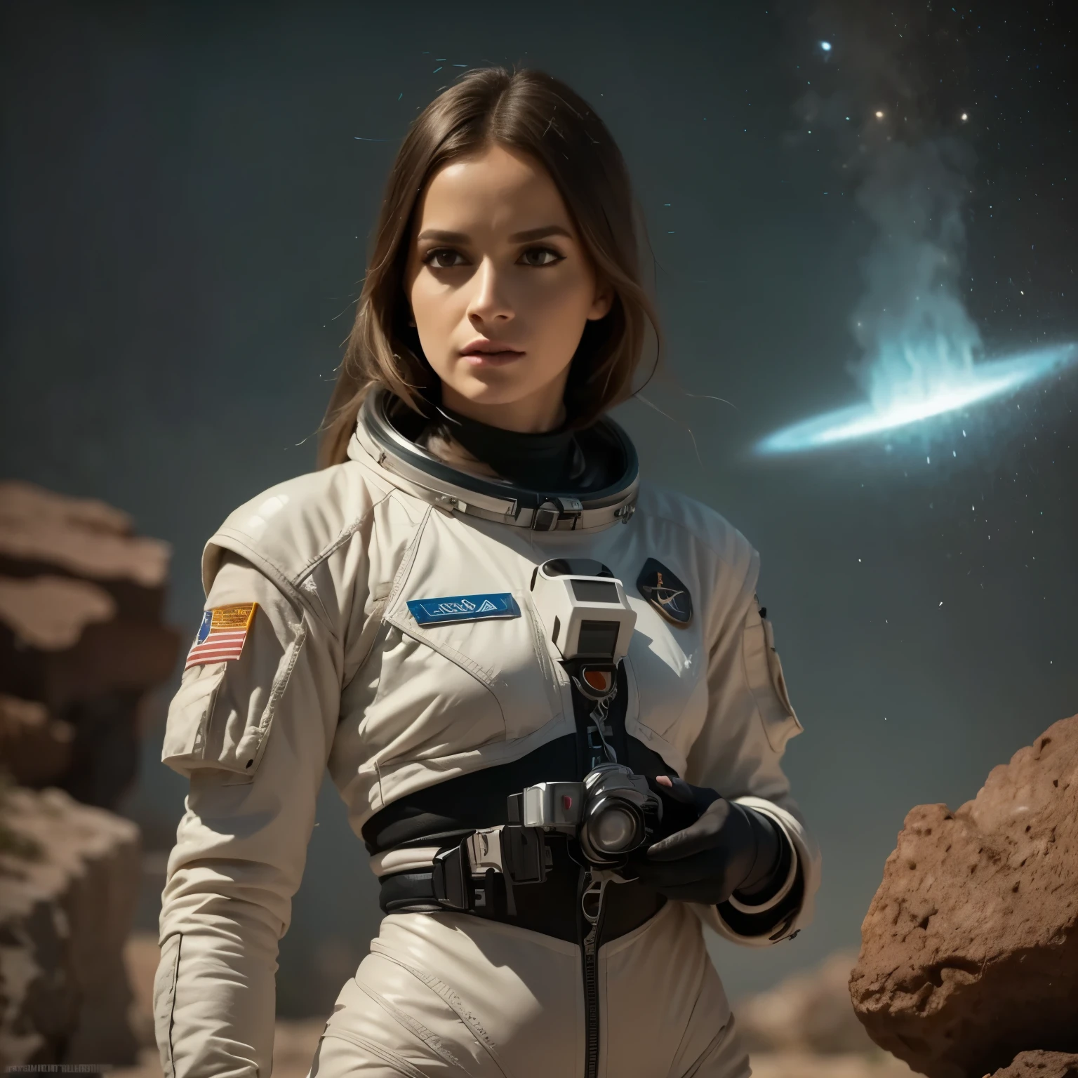 a futuristic space exploration scene, wearing a white spacesuit, beautiful detailed eyes, beautiful detailed lips, extremely detailed face, long eyelashes, astronaut holding a high-tech device, advanced alien spacecraft in the background, floating rocks and debris, colorful nebula, digital art, cinematic lighting, vibrant colors, dramatic atmosphere, highly detailed, 8k, photorealistic, concept art style