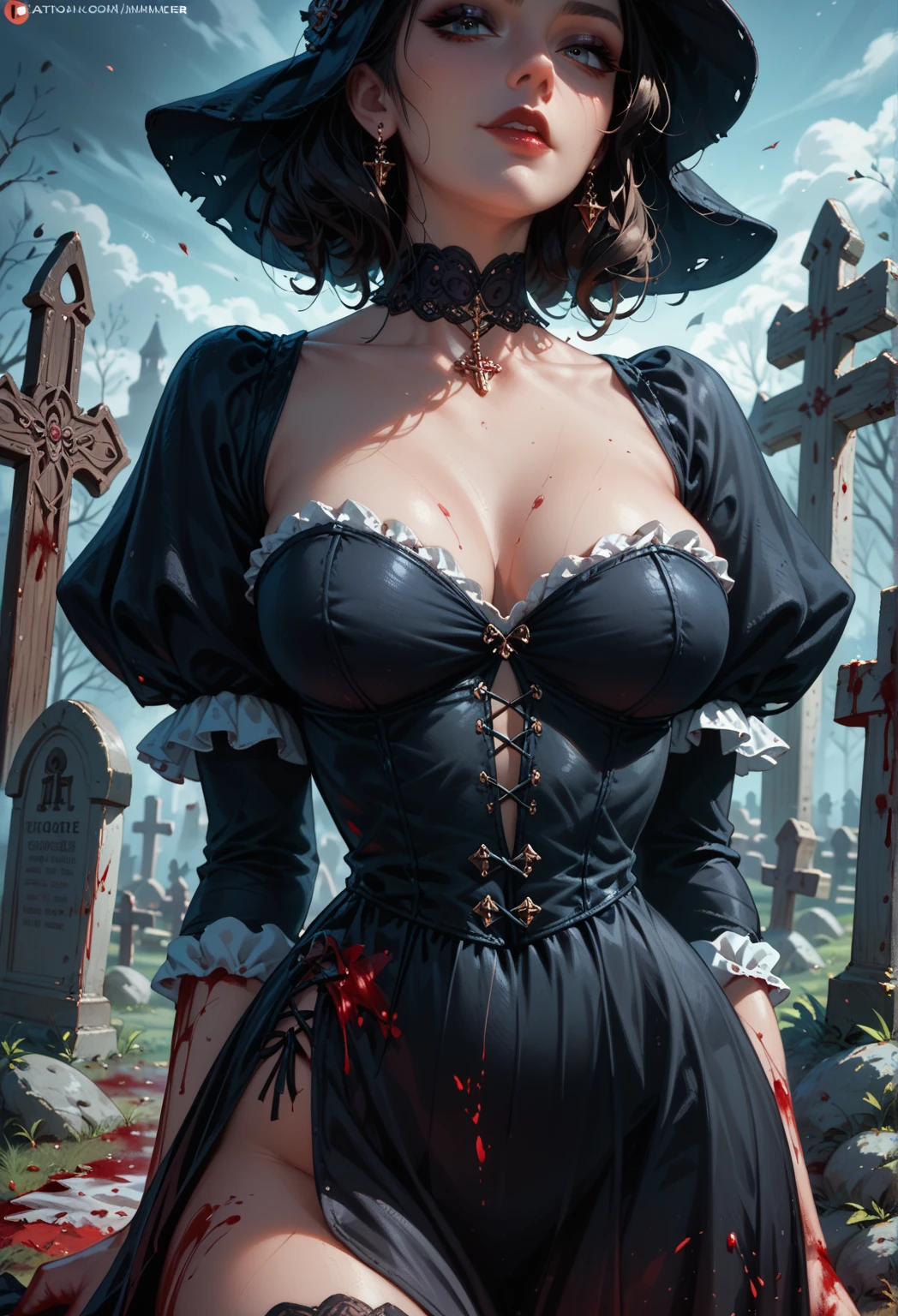 score_9, score_8_up, score_7_up, score_6_up,, anime_source, thicc Goth girl, wearing a Deadpool outfit, cleavage, big tit, cleavage, large hips , praying, standing by a grave, trees, grass