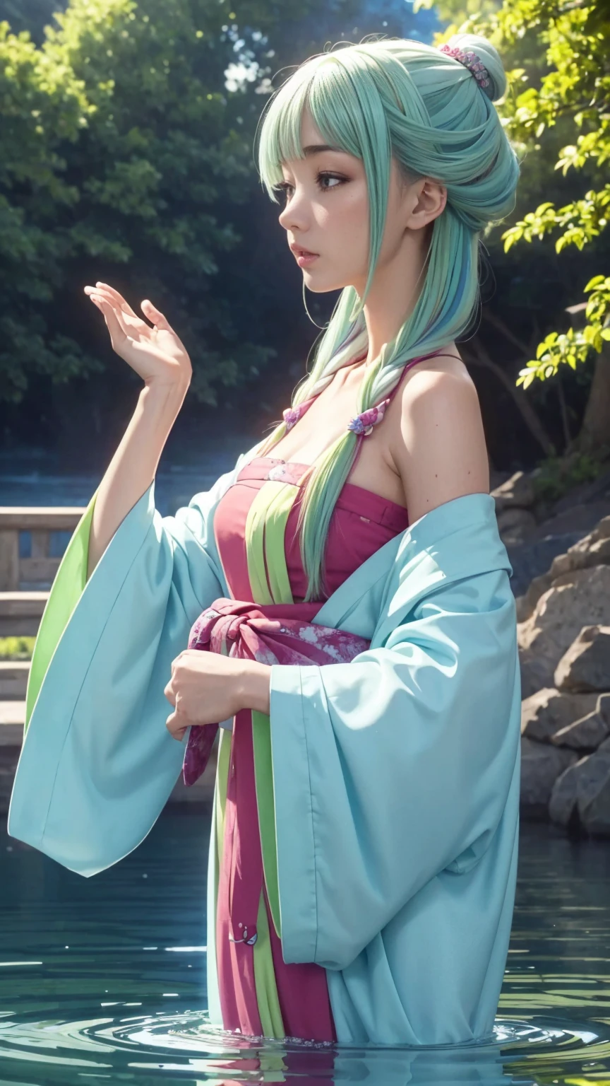Need,tmasterpiece,Light light green hair,Pink eyes,Blue-pink long dress,Look up,The upper part of the body,Hairline,Fair skin,Slightly curly hair，Flowing skirt，Chinese Hanfu