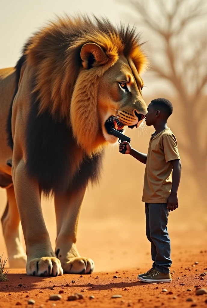 A boy sits crying alone on a dusty village road. He is small and vulnerable, wearing simple clothes with tears streaming down his face. The surroundings are rural, with a few scattered huts and dry vegetation. A lion walks nearby, its powerful body moving slowly and gracefully. The lion’s gaze is fixed on the boy, its eyes intense and focused, creating a tense and dramatic scene. The setting is quiet and eerie, with the sun casting long shadows, highlighting the stark contrast between the innocence of the child and the danger of the approaching lion. Realistic 4k image