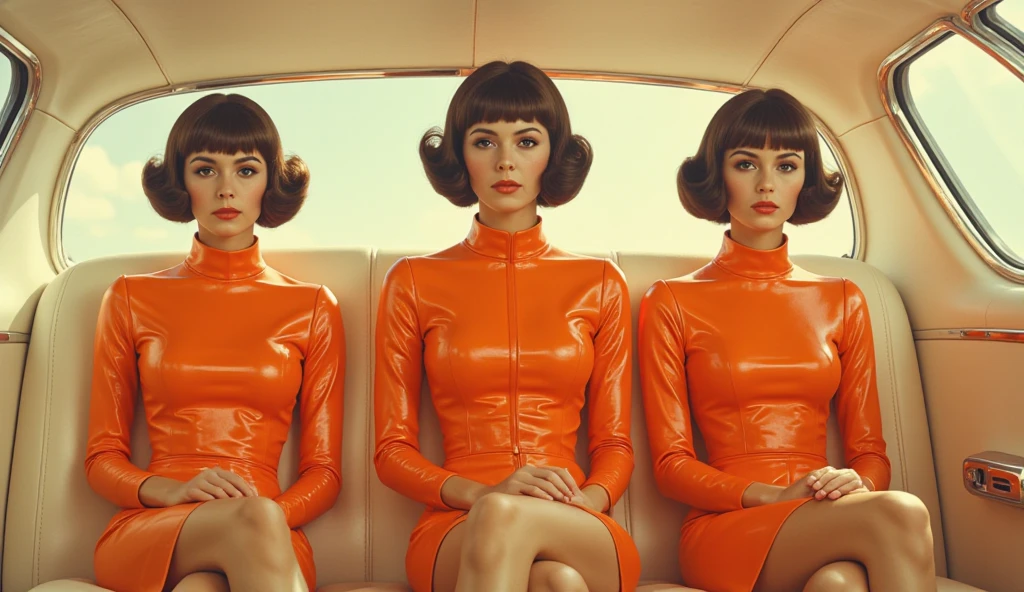 4k image from a 1970s science fiction film, imagem real, Estilo Wes Anderson, pastels colors, a man between two women wearing retro-futuristic fashion clothes and futuristic technological ornaments and devices, Luz Natural, cinematic, Psicodelia, futurista estranho, retro-futurista,