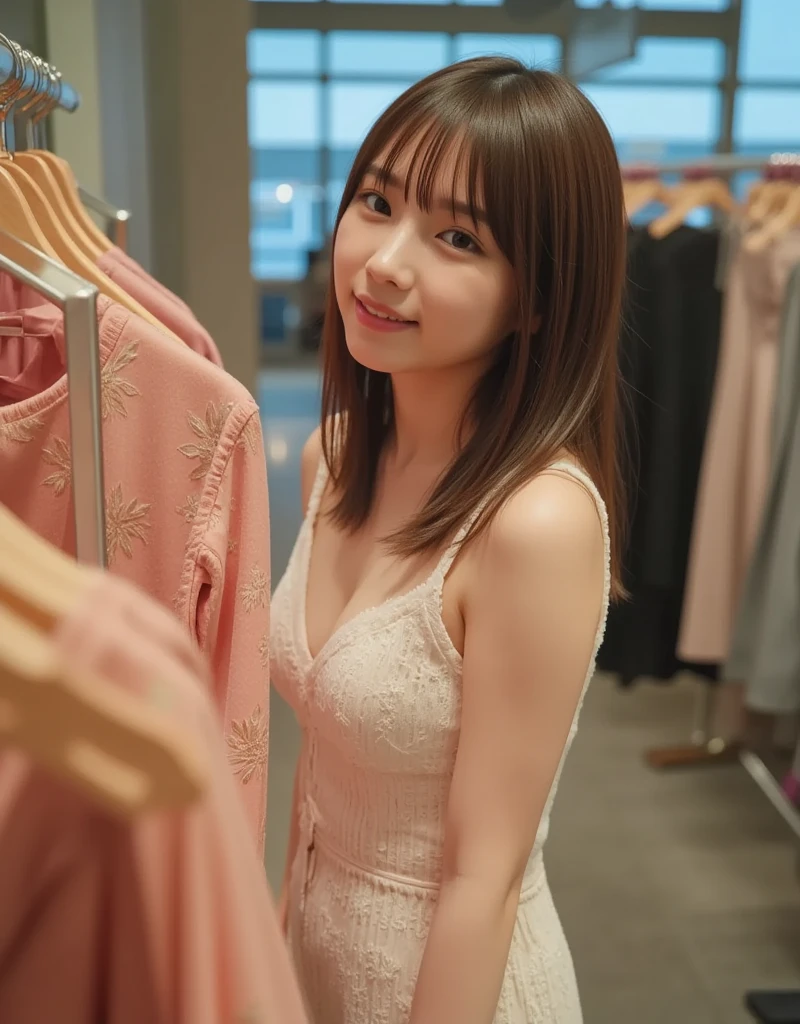 Beautiful mature Japanese woman aged 55, One woman, Married women, Long eyelashes, Low Ponytail, Hair fluttering, Red lipstick, Pink Cheeks, Pearl Necklace, Earrings, Dark eyeshadow, Cleavage, Colorful one-piece dress, Beautiful body, Beautiful smile, Pink Background, Shopping at department stores, Focus on the whole body