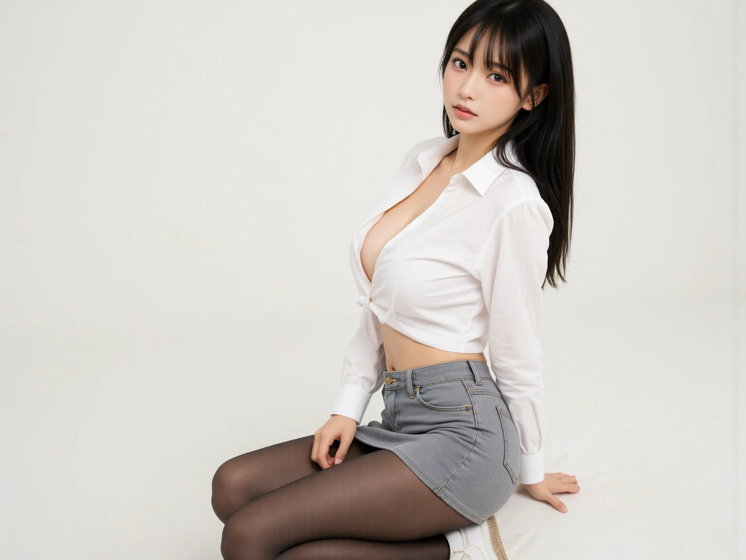 without underwear with shirt unbuttoned, squatting, legs spread, skirt lifted