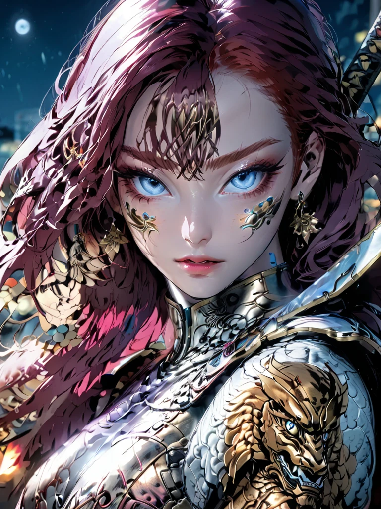 Create a realistic and stunning image of a beautiful dragon princess warrior floating in the sky. She wears intricately designed armor made of bronze and platinum scales, adorned with detailed dragon motifs. Her broad and mighty wings have metallic scales that shimmer and reflect light in a dazzling array. She carries a massive sword on her back. A fierce dragon is behind her, with one of its claws gently touching her shoulder. The scene is illuminated with magical lighting effects, casting glowing auras and dynamic shadows, creating an epic and majestic atmosphere. The style should be hyper-realistic, similar to those created with Unreal Engine 5.