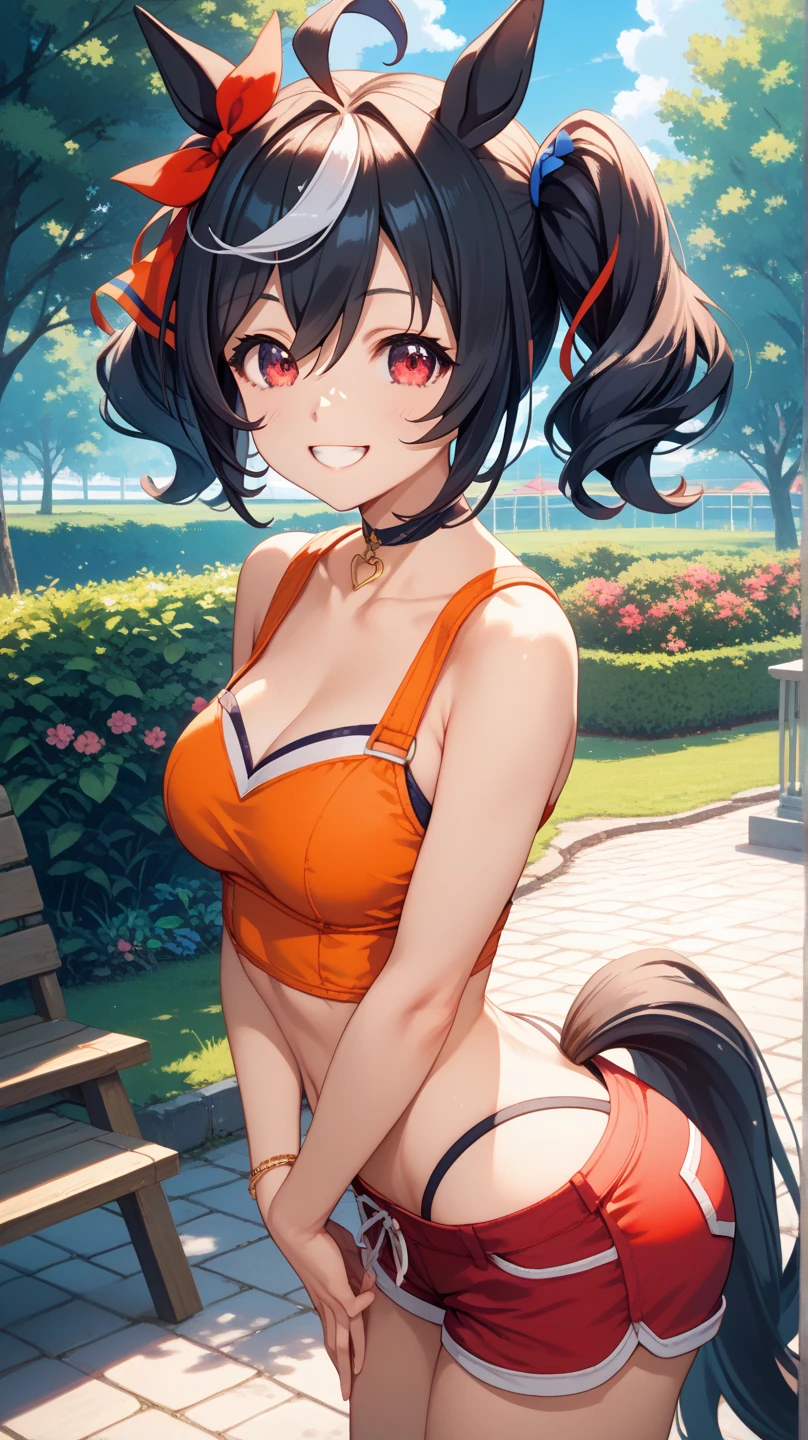 masterpiece, best quality, beautiful art, high resolution, well formed hands, body and fingers, 1 woman, solo, Imaizumi Kagerou, wolf tai and wolf ears, grown up, long hair, adult, big breasted, cleavage, hair ribbon, wearing a Mii outfit, full body, sexy and skimpy jungle bikini, pelvic curtain, gorgeous legs and thighs , dancing seductively and erotically, turning backwards and forwards, showing her back and front, showing her butt,   t -back, bikini thong, smiling joyfully, looking at the viewer, flirting, beach environment 