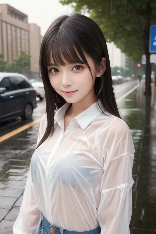 (Best-quality, Masterpiece, Ultra-High-Resolution, (Photorealistic:1.4), Raw Photo, depth of field, professional lighting, perfect anatomy, extremely details), 1girl, 15-years-old, the most famous Japanese idol, innocent smile, upper body, (((standing on street in heavy-rain, wearing wet school-uniform from heavy-rain, extremely wet hair from heavy-rain, extremely wet face from heavy-rain))), ((extremely cute face like the most popular Japanese idol, ((extremely cute and extremely big eyes)), extremely beautiful realistic-skins, extremely cute long-eyelashes, extremely cute lips))