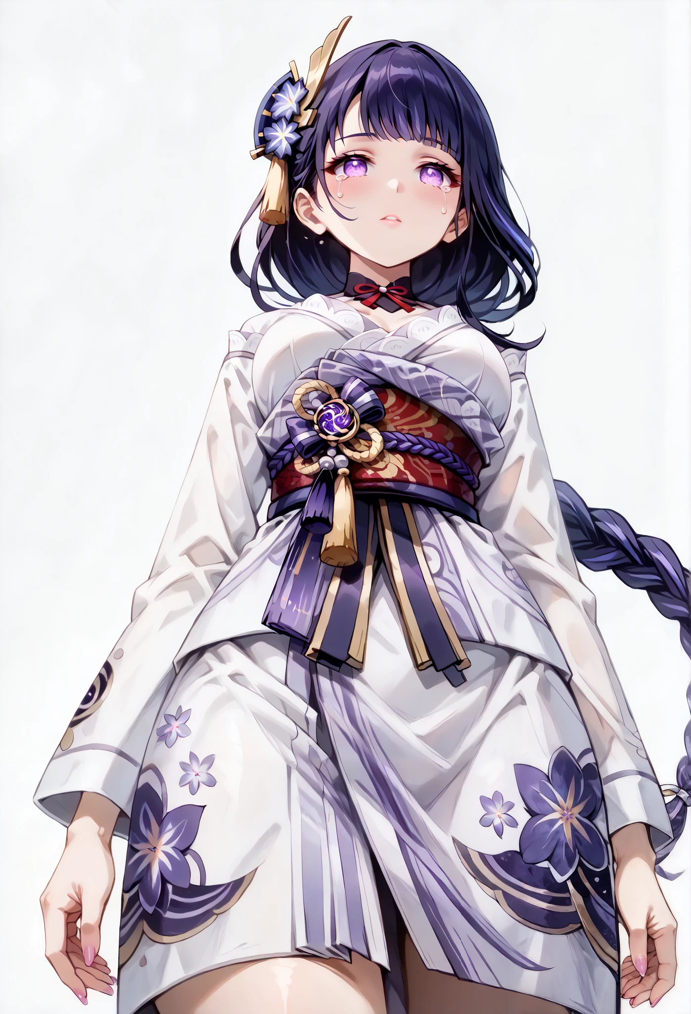 score_9, score_8_up, score_7_up, source_anime, 4K,perfect fingers,(perfect hands, perfect anatomy),prefect lighting, very aesthetic, intricate details,highly detailed background, masterpiece, high quality, best quality,
raidenshogun, raiden shogun, braid, braided ponytail, hair flower, hair ornament, long hair, mole, mole under eye, purple eyes, purple flower, purple hair, single braid, sidelocks, large breasts,,
wearing ((cotton yukata, )),,
empty eyes , Walking, , bare-skin, the groin, blank look, solo, crying, ((White plain background:1.5)) , ((low Angle View:1.4)),