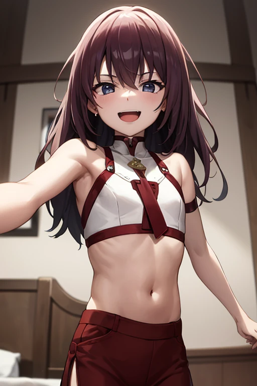(ultra-highdetail, 8k quality, best quality, extremely detailed illustration, ultra-highdetail anime illustration, tohsaka rin, fate, green eye, hair bow, hair ribbon, medium hair, two side up, black hair),
cameltoe, standing, low angle, look down viewer, front view, spread legs, 1 girl, very short skirt, red striped pattern panties, black thighhighs, front open red clothes, red striped pattern panties bra, show off nipple, gleaming skin, open mouth, embarrassed, making a V sign, making a peace sign, Raise both arms,