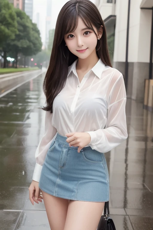 highest quality, masterpiece, Ultra-high resolution, realistic:1.3, solo:1.3, ((Clear Face)), cowboy shot:1.1, from front, leaning forward, (glowing skin), (looking at camera:1.3), (mini skirt, button-up shirt), standing in room, leaning forward, (medium chest:1.3), long hair, smile, soft brightness