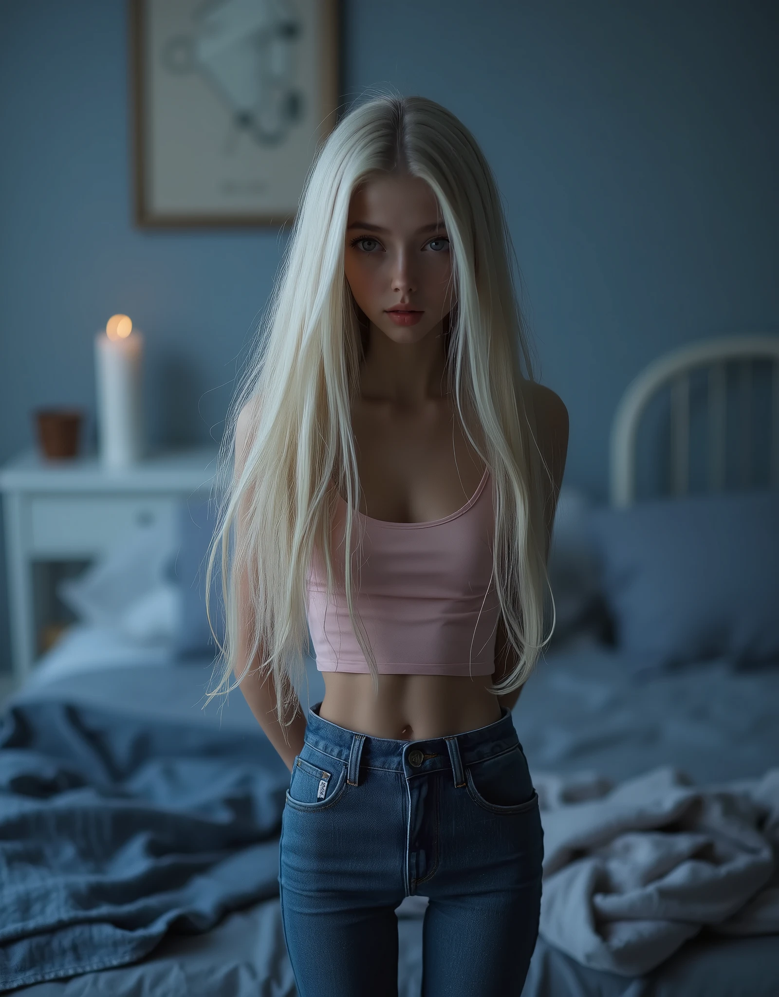 core_9, score_8_up, score_7_up, score_6_up, cinematic picture of 1girl, girl, young, adorable, cute, innocent, thin, short, skinny small, age16, (cute face), extremly Long hair, a-line haircut, blond hair, freckles, freckles on body, freckles on , blushing, small breasts, flat chested, fit, toned abe, defined abs, bright blue eyes, short torso, ((small skinny waist)), cute, feminine, (skintight pink crop top), wearing tight jeans, (tight jeans), ((standing, arms behind the back)), natural skin, british:1, shy, in dark moody bedroom, long intricate blond hair, face focus, low light, dark night, Candles in the room, soft beautiful light, cinemativ light, dark shadows, short stature, slim skinny anorexic body, petite anorexic body, round face, youthful face, dramatic lighting, candid, perfect eyes, Reddit, amateur, real life photo, selfie, portrait,