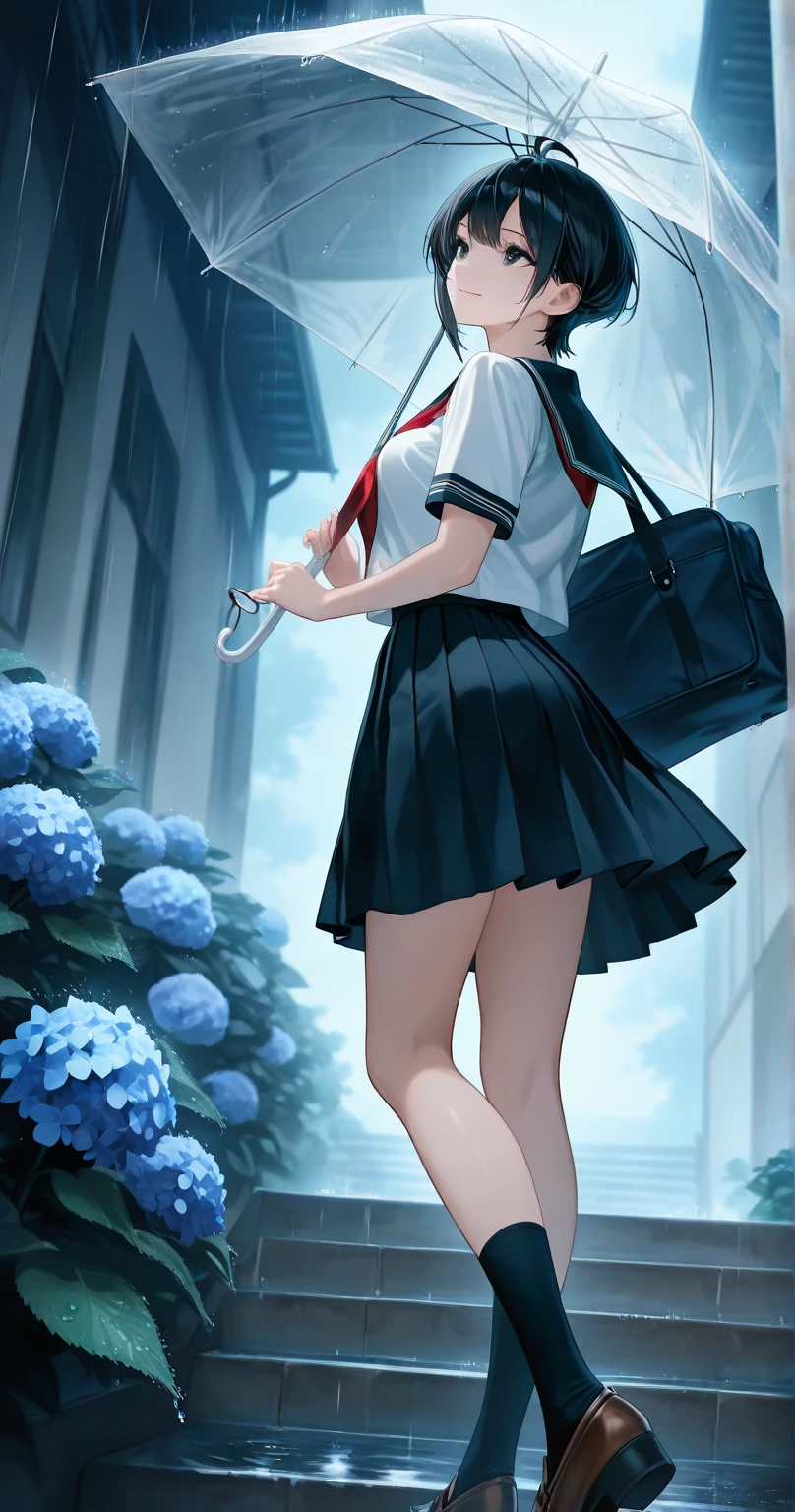 young girl, short gray hair, red-eyes, white tanktop, Upskirt, ssmile, backpack, stocklings, Masterpiece, hiquality