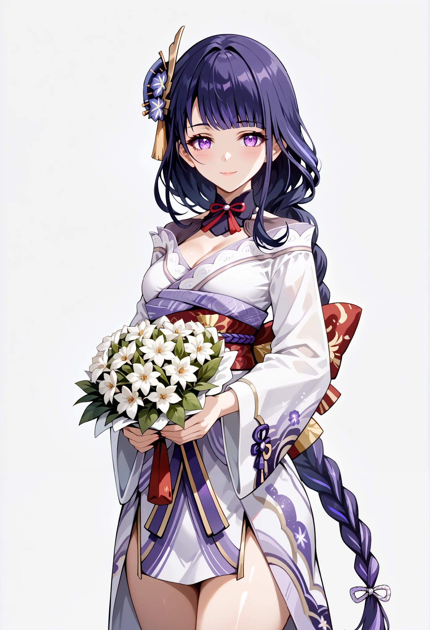 score_9, score_8_up, score_7_up, source_anime, 4K,perfect fingers,(perfect hands, perfect anatomy),prefect lighting, very aesthetic, intricate details,highly detailed background, masterpiece, high quality, best quality,
raidenshogun, raiden shogun, braid, braided ponytail, hair flower, hair ornament, long hair, mole, mole under eye, purple eyes, purple flower, purple hair, single braid, sidelocks, large breasts,, 
wearing ((cotton yukata, )),, 
((White plain background:1.5)) , looking at viewer, smile, (perfect hands, perfect anatomy),cowboy shot, filed, high thigh individual , fullbody,Stand up,((front look:1.5)),(Holding a bouquet of white flowers in both hands:1.5), (Hands hide with flowers),