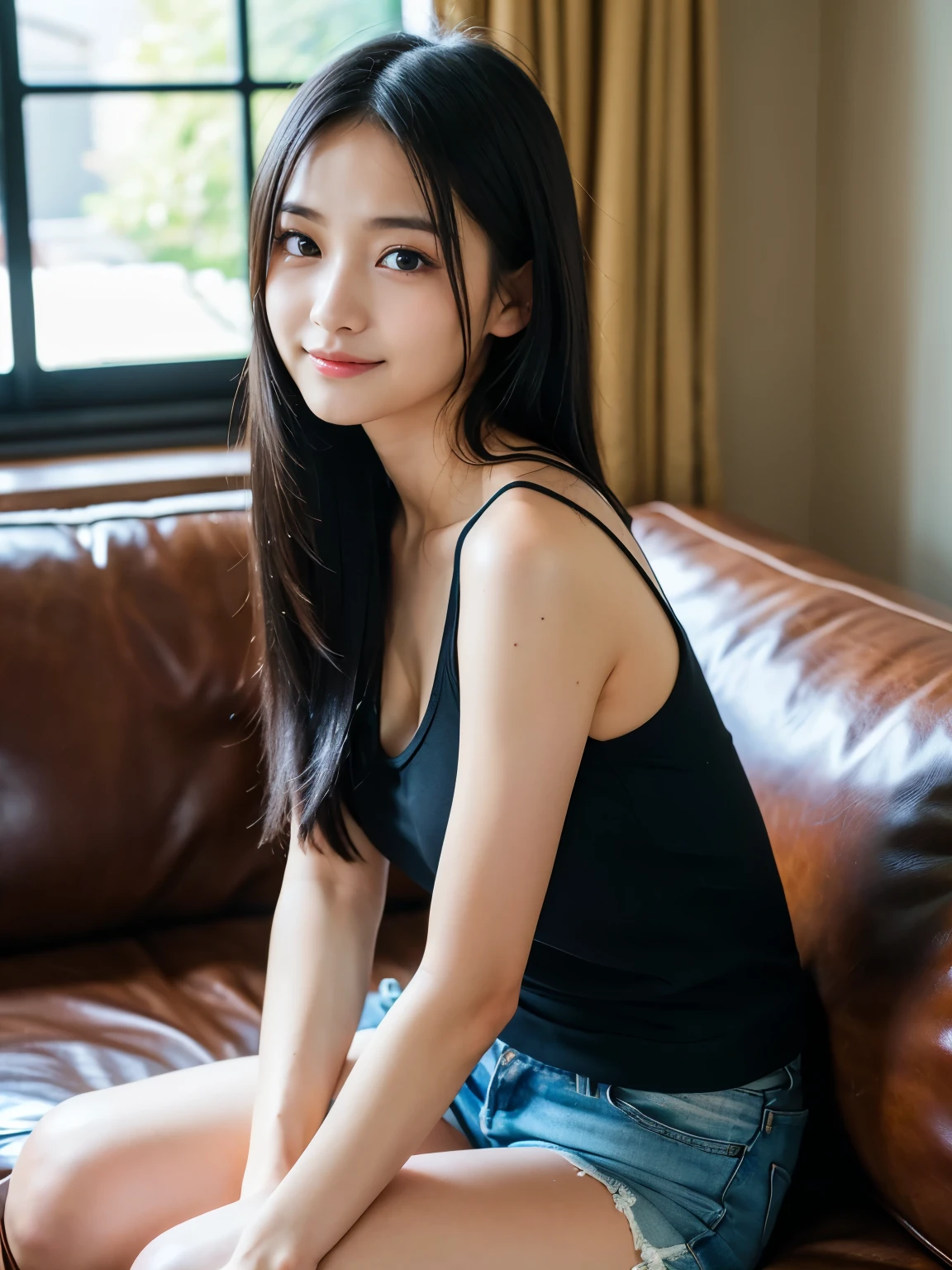 masterpiece、Highest quality、whole body、One Girl、bangs、Japanese、黒髪のLong Hair、Long Hair、Staring at the audience、Tank top、denim、smile、solo、sofa、Fashionable women、Pastel colored outfits、Pause、front、Luxury background elements、Confident expression、Sandalodern and trendy、Focused on fashion