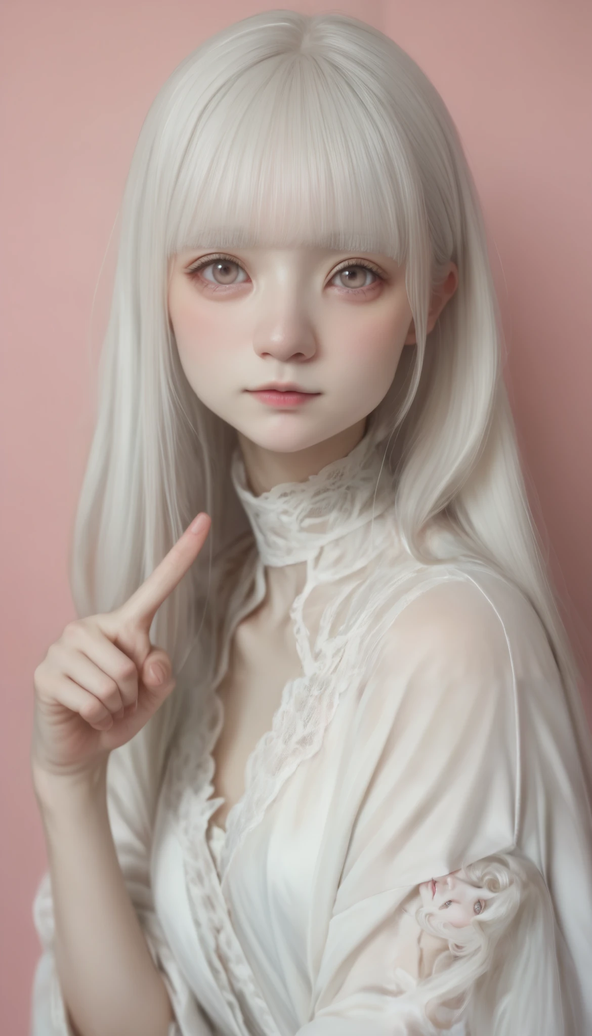 perfect anatomy from a shellfish, Japanese girls , alone、one girl、少し短い首:1.7, Albino Skin, Gray Hair, straight long hair , light brown eyes, Change color to high neck lace fabric, white clothes, artistic, light pink background pointing down