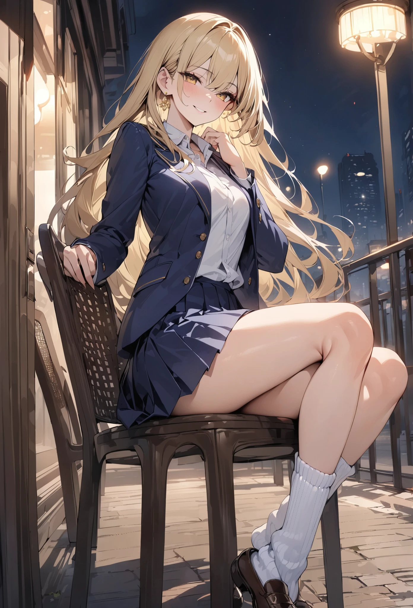 Finest, masterpiece, high definition, (full body), frontal, symmetrical, mature high school girl, solo, (full body from head to toe), small breasts, long hair, slightly messy hair, (black tights), ( (black pantyhose), black pantyhose, (composition where she is made to sit and lift her legs and make her legs open), (bound arms, arms behind back), composition showing white panties, slender beautiful legs, a very beautiful 17-year-old girl (not wearing shoes) legs), blushing, shy big eyes, messy hair, looking at camera, showing white panties, white frilly lingerie, high school uniform blazer, high school uniform White blouse, high school uniform with blue ribbon, high school uniform with short plaid pattern and navy pleated skirt, Iroha Isshiki