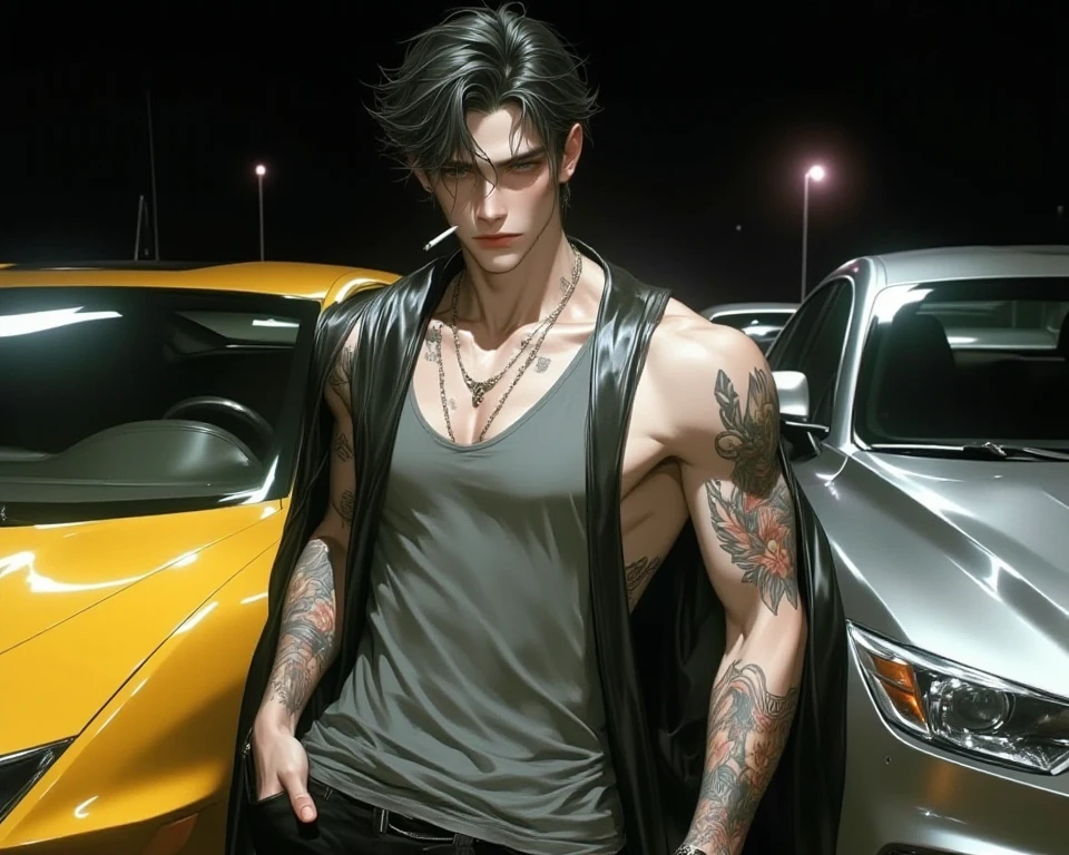 Yakuza 5 people, Front of the car, black, tattoo, The Perfect Car, Perfect bodies, In costume, 5 Male Yakuza, highres, 8k, Best quality, super detail, detailed face and eye