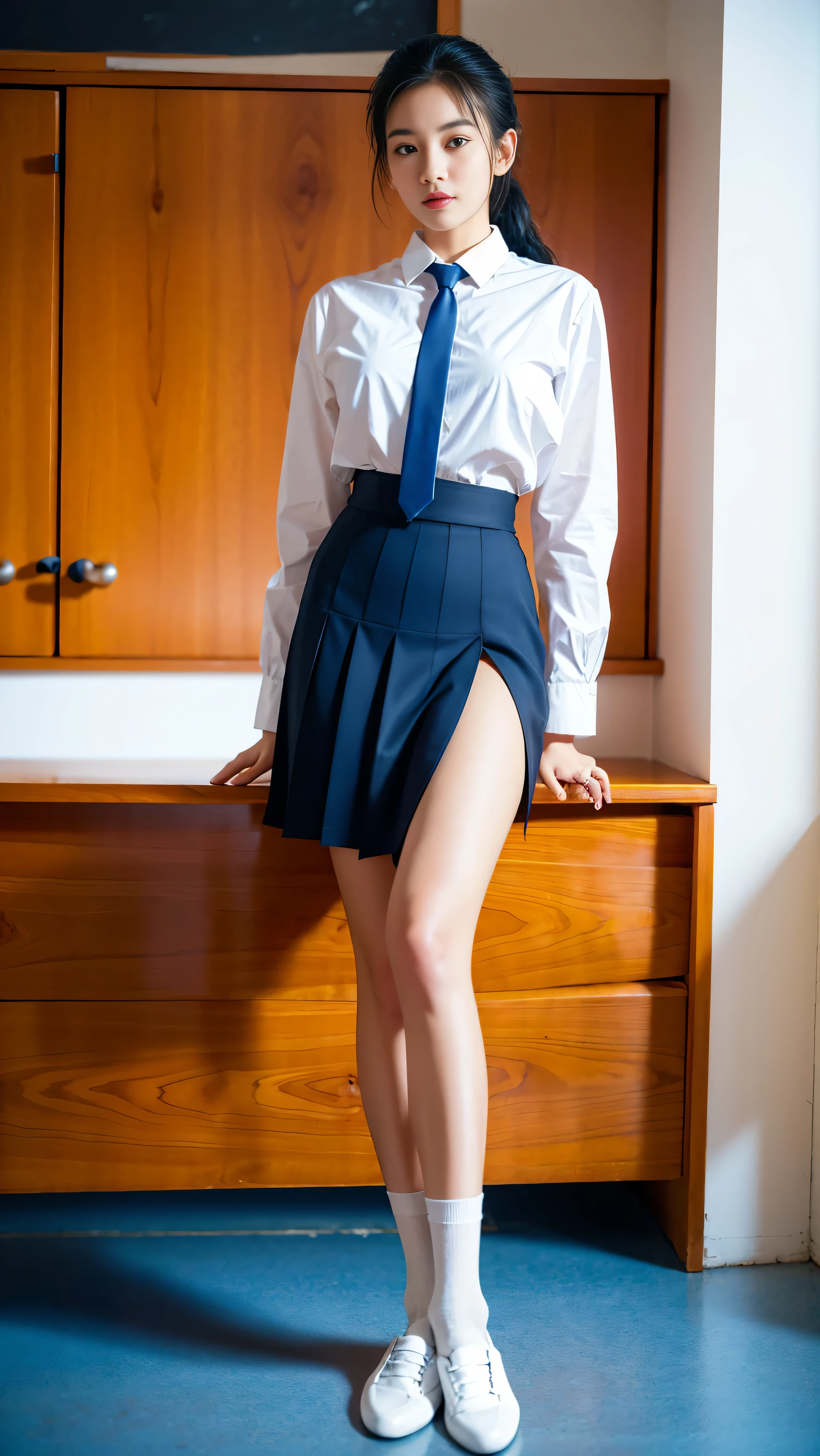 Masterpieces, 8k, Maximum Resolution, Very detailed, best quality, realistic textures, anatomically correct, from the front ,(bottom view:1.4),
18,( shy) Thai , Ponytail Hairstyle, White collar shirt, Long Sleeve Shirt,bark Blue Stripe Tie, Pleated skirt, Dark Blue Long Skirt, Black belt, white socks , black leather shoes , Thighดูดี,
Standing position, Open legs, (Thigh:1.4),(Turn away:1.4),(Classroom Backdrop) ,
Mix 4,