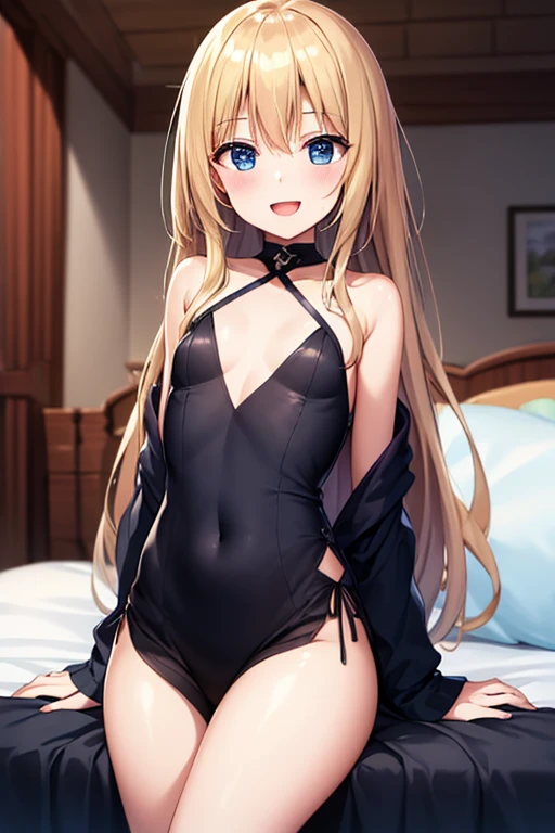 One girl、solo、masterpiece、highest quality、Blonde、blue eyes、Wavy Hair、Twin tails、Slanted Eyes、Troubled face、Embarrassing、blush、Watery eye、Small breasts、Flat Chest、One piece swimsuit 超High leg、High leg、超High leg、tights black、Staring into the pantyhose camera、Calm bedroom、indirect lighting、standing、nsfw