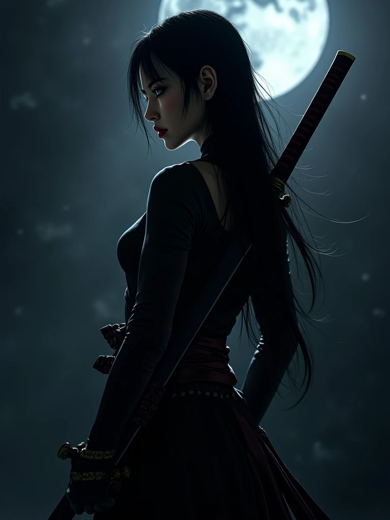 full body super angle shot,fish eyes,a beautiful asian woman,wearing a white very thin and shabby kimono,hair blowing in the wind,tatoo on body,hold white katana, with white wolf,perfectly proportional body,fallen leaves drop,forest background,dark night,big moon,very detail,detail on face,ultra HD,epicrealism,atmospheric impressionism,bokeh,film dramatic realism,pre-raphaelite realism,photography realism, soft focus realism --ar 36:61 --stylize 750 --v6, Midjourney style V6.