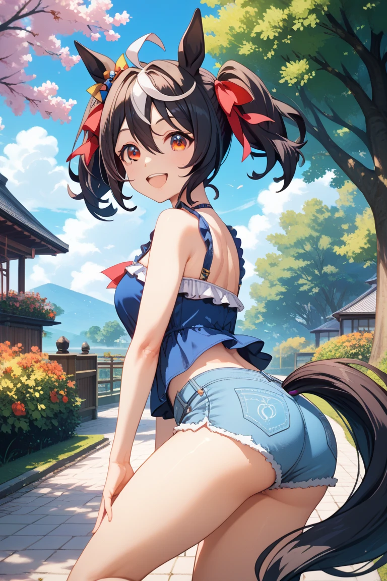 NSFW,(masterpiece, Highest quality:1.2), (((masterpiece))), (((best quality))), ((ultra-detailed)), (illustration), One girl,skinny,straight waist,Small breasts,big butt,blue eye,Twin tails,,Black Hair,Red ribbon,(Shiny skin:2),(chibi), looking at viewer,(blush),,wide eyes,Grit your teeth,(Wet),stall,Festivals,(steam:1.3),fundoshi,,tan,tied shirt,handstanding,