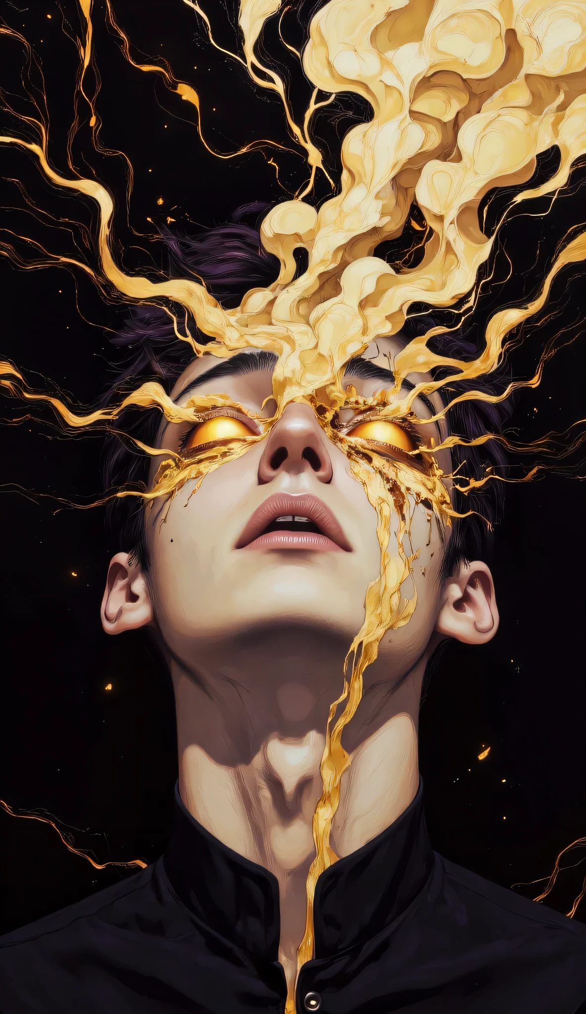 CynthiaPortrait,(masterpiece),(Highest quality),(Super detailed),(Ultra-high resolution),(Best illustrations),8k
A surreal flat-style portrait of a man. The figure's head is tilted back, a part of his face goes up in smoke, creating a cloud of smoke.
Glowing eyes, surreal line of tears. Marble texture unifies the composition.
Color palette purple, gold. The painting evokes a painful idea of letting go.