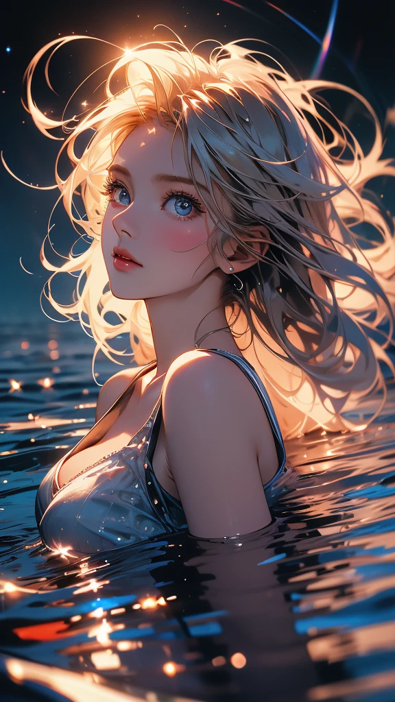 (masterpiece, top quality, best quality, extreme detailed, highest detailed, official art, beautiful and aesthetic:1.2), colorful, cowboy shot, beautiful face, solo, perfect body, 1girl lying on water, water reflecting star sky, look at viewer, detailed beautiful eyes, night, outdoor,
