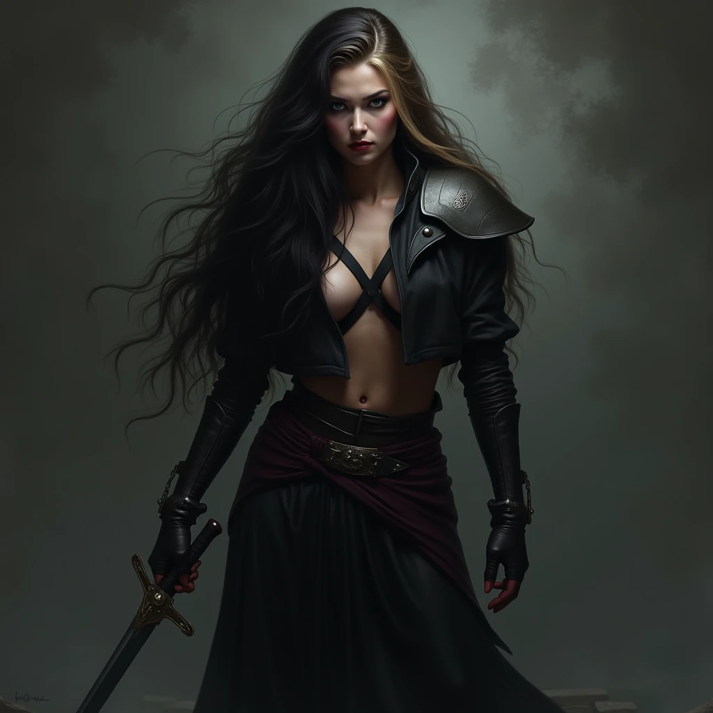 a woman, brunette, warrior, lustful <lora:Luis_Royo_v1:0.8>, (Extremely Detailed Oil Painting:1.2), glow effects, godrays, Hand drawn, render, 8k, octane render, cinema 4d, blender, dark, atmospheric 4k ultra detailed, cinematic sensual, Sharp focus, humorous illustration, big depth of field, Masterpiece, colors, 3d octane render, 4k, concept art, trending on artstation, hyperrealistic, Vivid colors, extremely detailed CG unity 8k wallpaper, trending on ArtStation, trending on CGSociety, Intricate, High Detail, dramatic