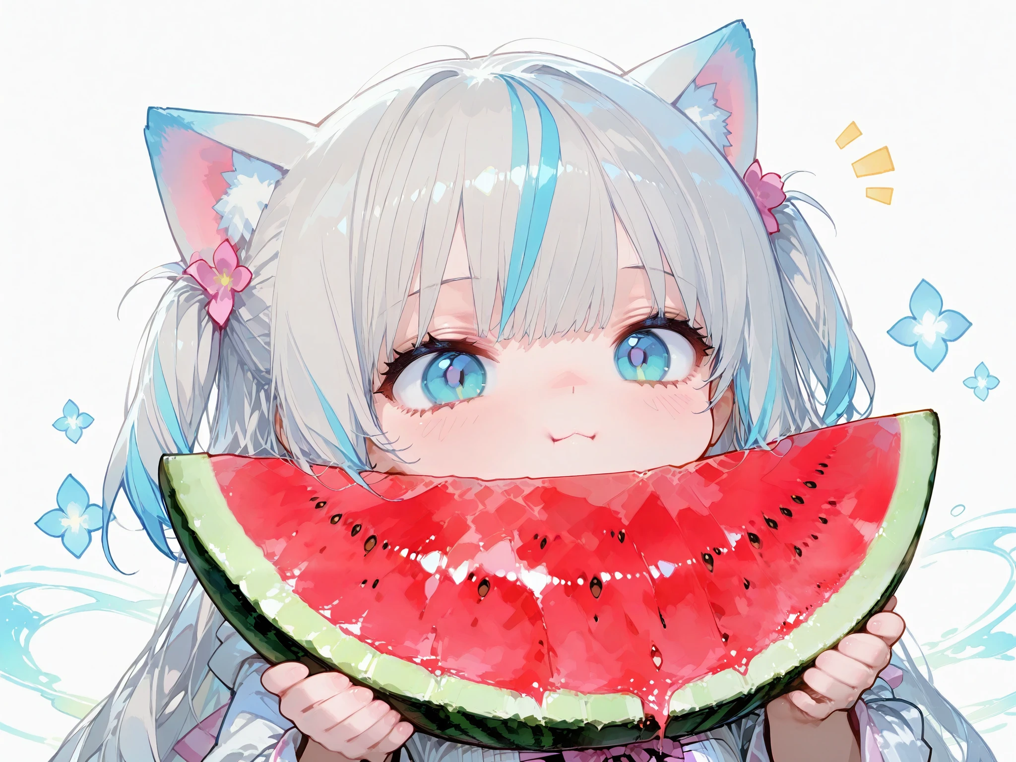 Medieval fantasy, watercolor painting style, chibi character, cute expression, silver hair, futuristic armor, blue highlights, holding watermelon slices, small hands, soft pastel colors, simple and charming design, white background, faint texture, relaxed atmosphere, delicate line art, soft shading, fantasy-meets-futuristic theme, minimalistic backdrop, vibrant accents, adorable proportions, high quality illustration, playful mood, stylized fairytale appearance