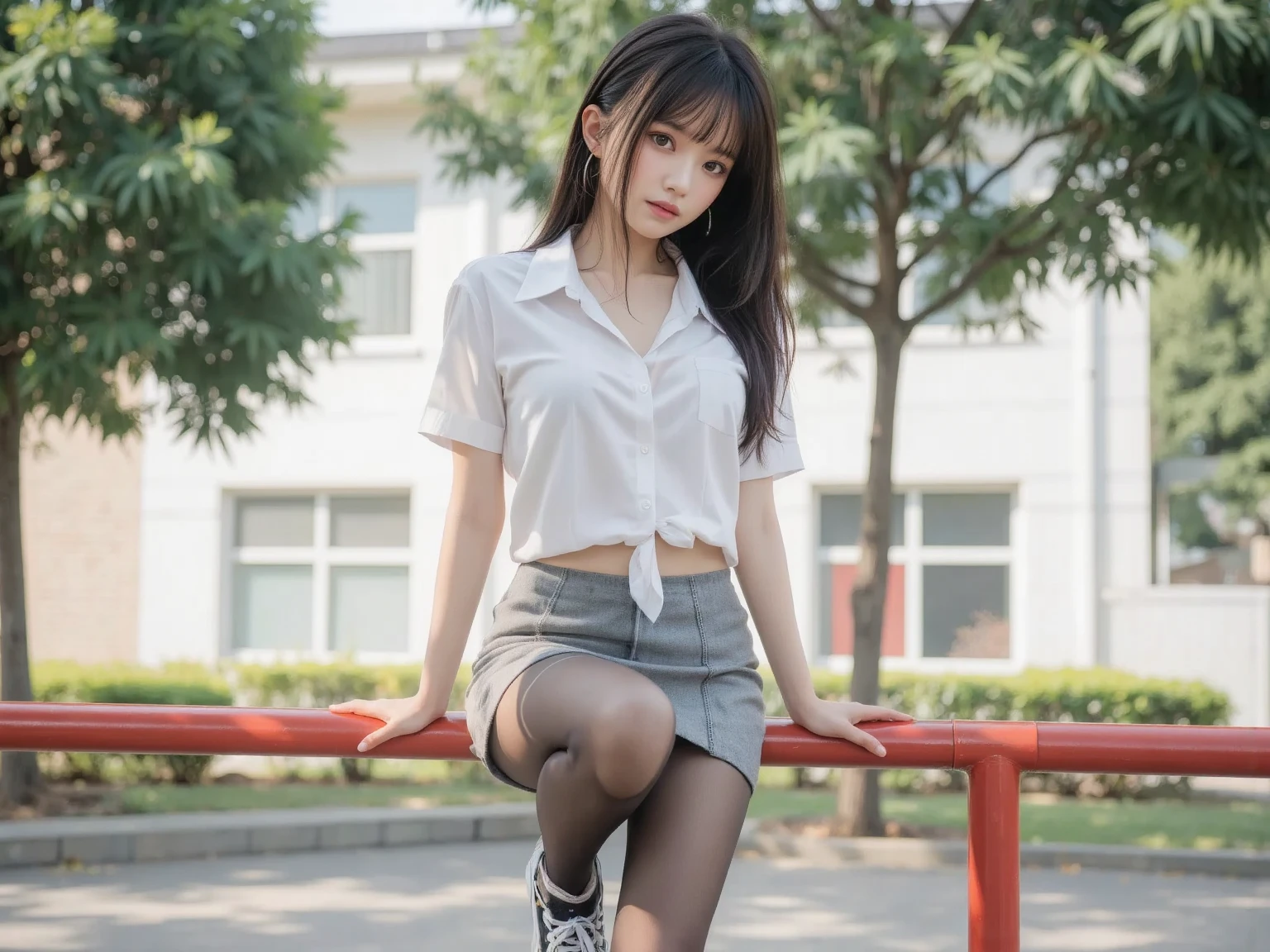 Hight Resolution、high-level image quality、in 8K、Real due diligence、RAW a photo of、Top Quality、masterpiece、masutepiece、Erotic、(Flesh-colored Pantyhose)、plain panties pattern、panties focus、absurderes、no make-up、smaller face、tits huge、ren,Beautiful fece,fullllbody、귀여운 smaller face、Japanese Female,(Photorealcitic:1.37)、photons mapping,realisitic、physics based rendering(Physically Based Rendering)、foreground、depth of field rally background、a photo of,beauty leg, The ankle is visible、乃木坂アイドル,、male student wearing student clothes、school uniformss、Black pantyhose