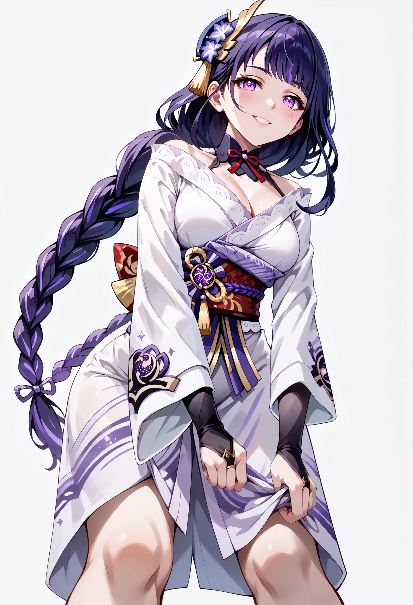 score_9, score_8_up, score_7_up, source_anime, 4K,perfect fingers,(perfect hands, perfect anatomy),prefect lighting, very aesthetic, intricate details,highly detailed background, masterpiece, high quality, best quality,
raidenshogun, raiden shogun, braid, braided ponytail, hair flower, hair ornament, long hair, mole, mole under eye, purple eyes, purple flower, purple hair, single braid, large breasts,,
wearing ((cotton yukata, )),,
((White plain background:1.5)) , looking at viewer, smile, (perfect hands, perfect anatomy),cowboy shot, filed, high thigh individual , fullbody,Stand up,((front look:1.5)), ((leaning forward:1.5)), ((Low Angle View:1.5)),