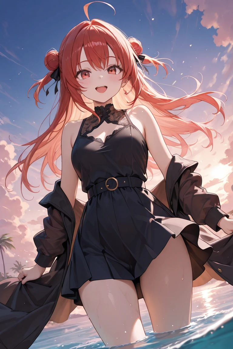 Rizu-kyun, ornament hair, vampire girl, perfectly body, perfectly hands, wave hair, red hair, long hair, green eyes, red swin suit, more details on her clothes, beach scene, red swin suit with black details, night, ornament hair, long hair, 1 girl, Looking at the audience, flowing hair, Beautiful Eyes, Plump and glossy lips, swin suit with too many frills, red swin suit, black laces, red biquini, red gem, Lace trim, luxury gold details, gold jewelry, more details, best quality, Big sparkling eyes, blushing, lace garter, bubbles, solo, centered girl, cowboy shot, perfectly body, perfectly hands, two arms, two legs, two hands, five fingers, perfect anatomy, glowing hair, red hibiscus, 1girl, beach scenery, solo, flowing hair, floating hair, ornament hair, perfectly body, perfectly hands, on the sea, sparkles, more details on her clothes, black details on her dress, holding a bubble tea, ((4k, masterpiece, top-quality)), 8k, best quality, high resolution, UHD, (illustration:0.8), super cute girl, delicate and beautiful face, mature girl, super cute hairstyle, (beautiful detailed eyes:1.6), extremely detailed face, perfect lighting, extremely detailed CG, (perfect hands, perfect anatomy), Best quality