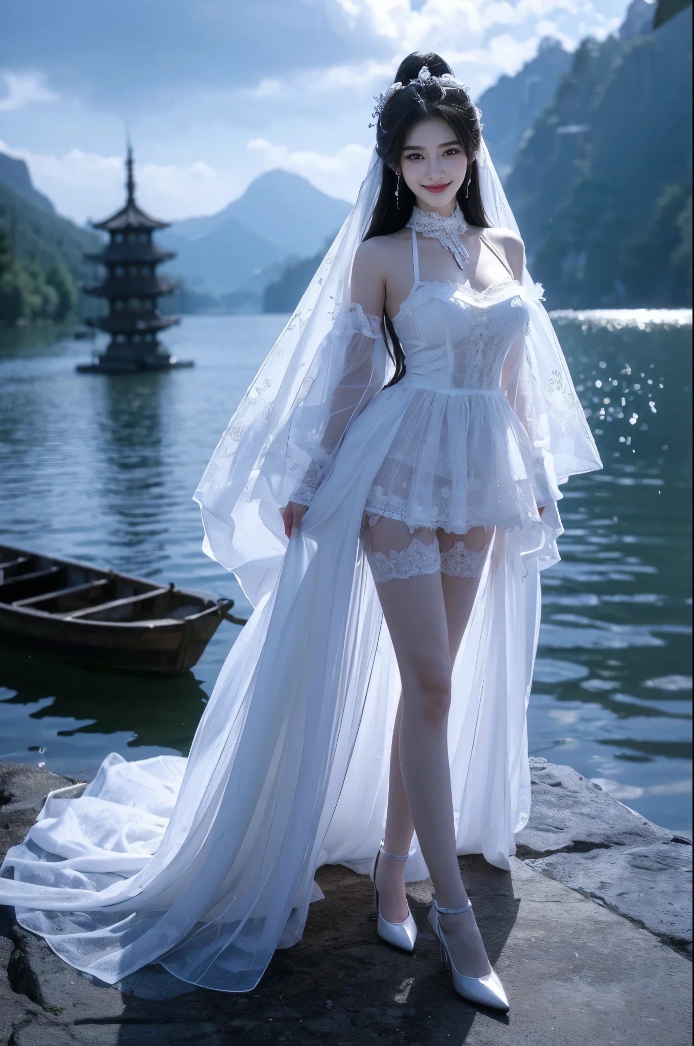a beautiful woman standing on a reflective surface surrounded by rose petals. She has long, flowing black hair adorned with a delicate white floral headpiece, and her eyes are striking red. She wears a revealing, intricate white bridal outfit consisting of a high-cut, lacy bodysuit with garter belts attached to white thigh-high stockings. A long, flowing white veil and cape drape elegantly behind her, adding a sense of grace and elegance. She stands confidently in white high heels, holding part of her dress with one hand, while the other hand rests by her side. The background is a serene, soft gradient sky with subtle hints of distant mountains and a calm lake, creating a peaceful and romantic atmosphere.